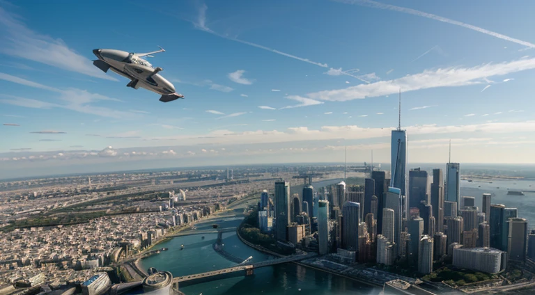 (best quality,photorealistic),(futuristic,high-tech:1.1),(panoramic perspective view, 20mm lens), a futuristic aircraft flies high in the sky, above a city of the future.