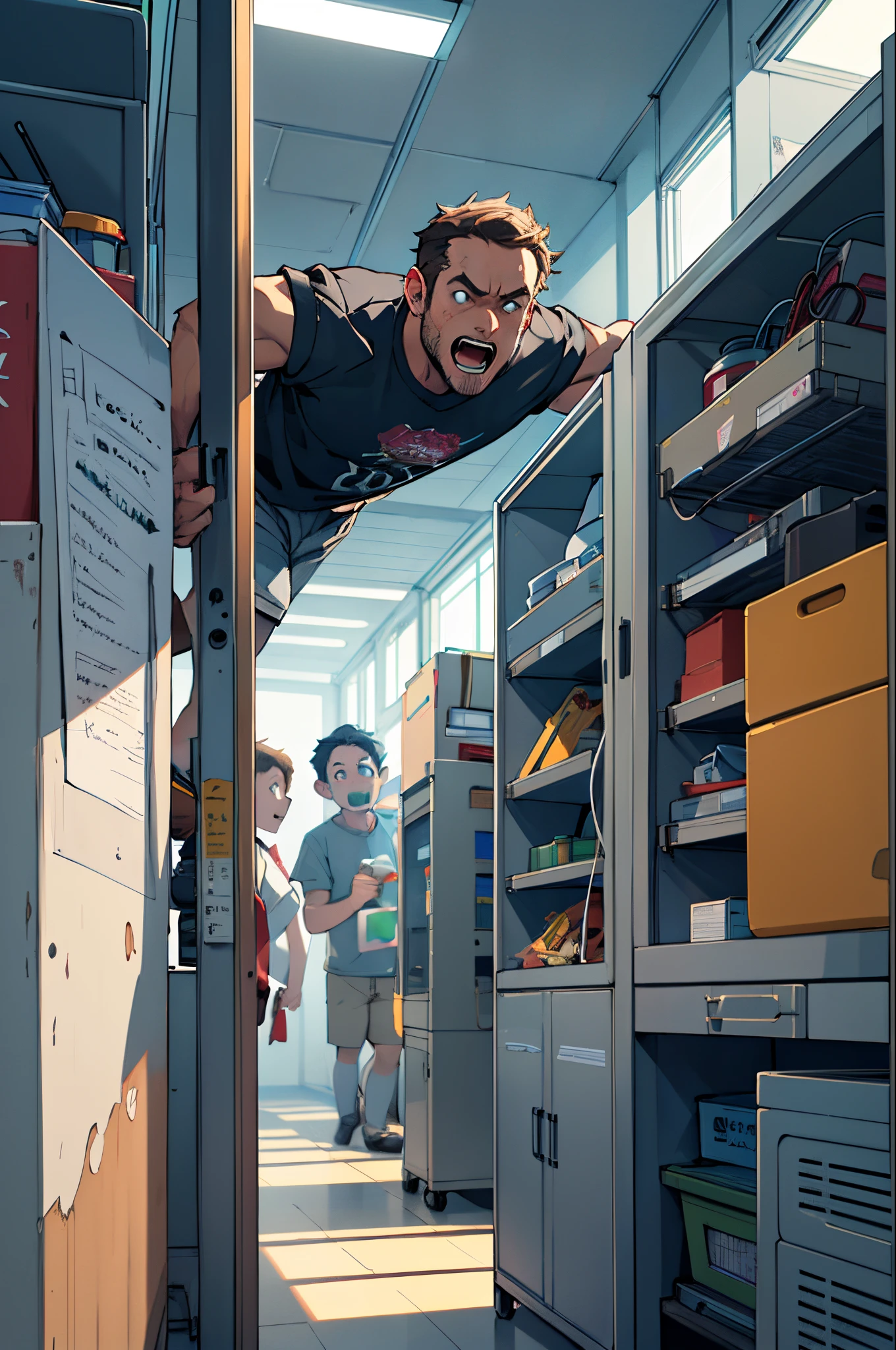 an image inspired by Disney pixar films where the teacher is in front and his scared students in the back, the image must portray a scientific initiation in computing