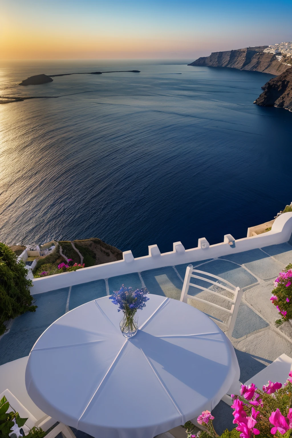 (best quality,4k,8k,highres,masterpiece:1.2),ultra-detailed,(realistic,photorealistic,photo-realistic:1.37),santorini landscape,summer vibes,vibrant colors,glistening blue sea,rustic white houses,traditional architecture,calm and serene atmosphere,sun-drenched streets,beautifully cascading flowers,panoramic view of the Mediterranean,perfectly captured sunlight,immaculate details,crystal-clear water,romantic sunset ambiance,exquisite cliffside location,iconic blue domes,steep winding pathways,narrow cobblestone streets,peaceful island getaway,romantic ambiance,inviting outdoor cafes,relaxing rooftop terraces,spectacular sea views,quaint shops and boutiques,secluded beaches,volcanic rock formations,Aegean charm and tranquility,ethereal beauty,enchanted by the magical charm of Santorini,mesmerizing beauty of the Greek islands,postcard-perfect paradise,serene and idyllic escape.