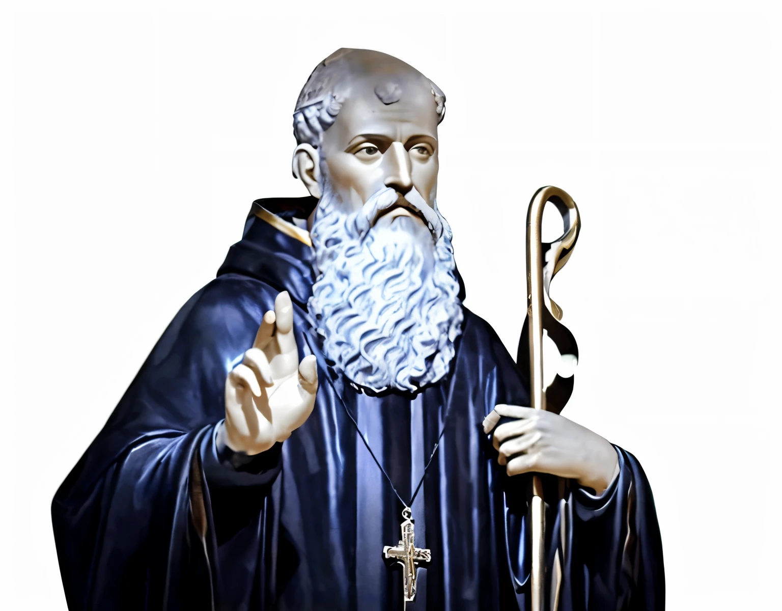Arafed statue of a man with a beard and a cross, corpo inteiro, Saint benedict de nursia,Santo ortodoxo, santo, christian saint rosace, christian saint, portrait of saint of the pit, santo, saint of the pit, NPC com um santo\halo do, NPC com halo de santo, bartolome ros, pontifex, abbondio stazio, Merlin