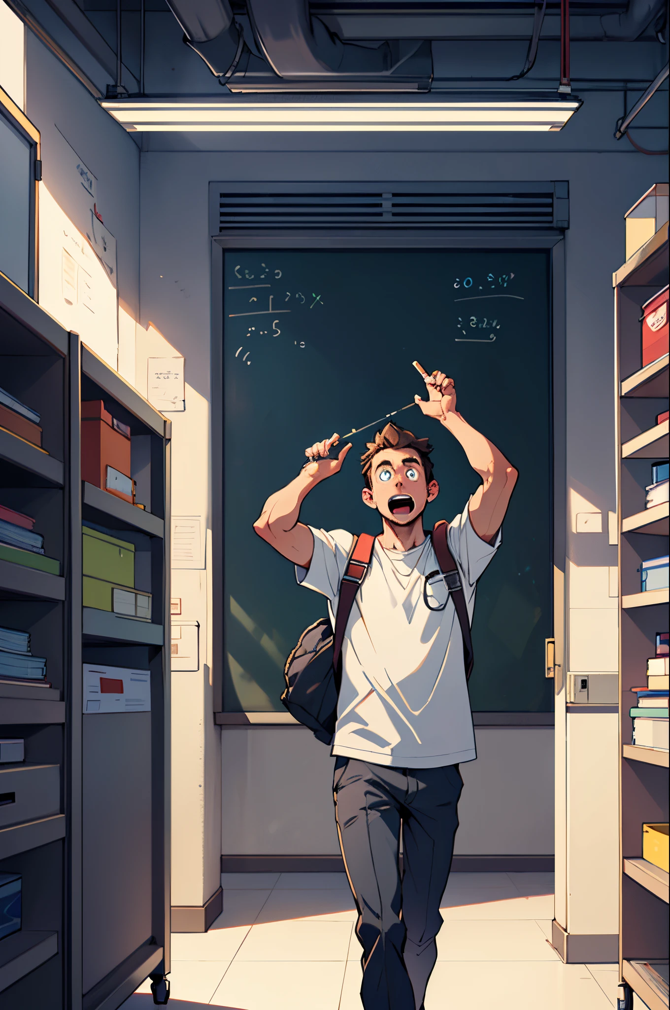 an image inspired by Disney pixar films where the teacher is in front and his scared students in the back, the image must portray a scientific initiation in computing