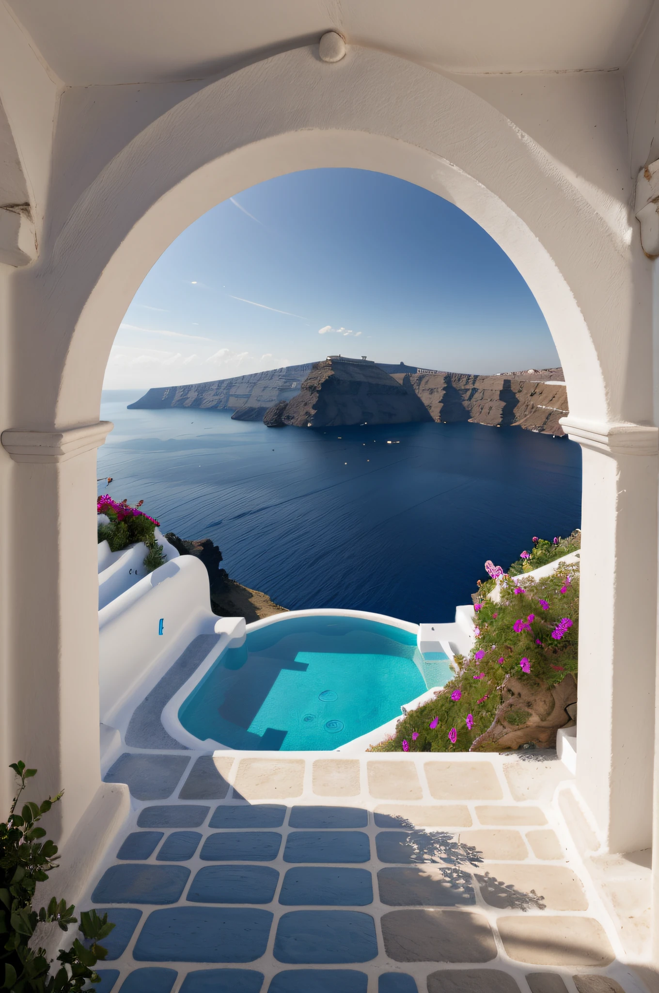 (best quality,4k,8k,highres,masterpiece:1.2),ultra-detailed,(realistic,photorealistic,photo-realistic:1.37),santorini landscape,summer vibes,vibrant colors,glistening blue sea,rustic white houses,traditional architecture,calm and serene atmosphere,sun-drenched streets,beautifully cascading flowers,panoramic view of the Mediterranean,perfectly captured sunlight,immaculate details,crystal-clear water,romantic sunset ambiance,exquisite cliffside location,iconic blue domes,steep winding pathways,narrow cobblestone streets,peaceful island getaway,romantic ambiance,inviting outdoor cafes,relaxing rooftop terraces,spectacular sea views,quaint shops and boutiques,secluded beaches,volcanic rock formations,Aegean charm and tranquility,ethereal beauty,enchanted by the magical charm of Santorini,mesmerizing beauty of the Greek islands,postcard-perfect paradise,serene and idyllic escape.