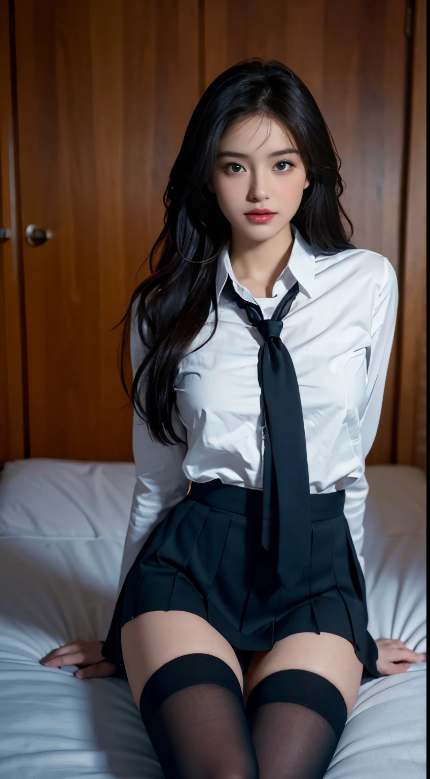 best qualtiy, tmasterpiece, A high resolution,8K,(realisticlying:1.4),超A high resolution,1girll, ultra - detailed, hyper realisitc, highly detailed CGillustration, offcial art, cinematric light, Realistis, Young and beautiful girl, perfect body figure, perfect body figure, full pov, Perfect body, (Starting below:1.3), lewd poses, long sexy legs, Hosiery,self-assured, Beautiful Sexy, student school uniform,a blue tie,Bow knot, A-line cropped pleated skirt,courful, S-shaped body, Upturned buttocks,posing on a,Pose,Different Perspectives