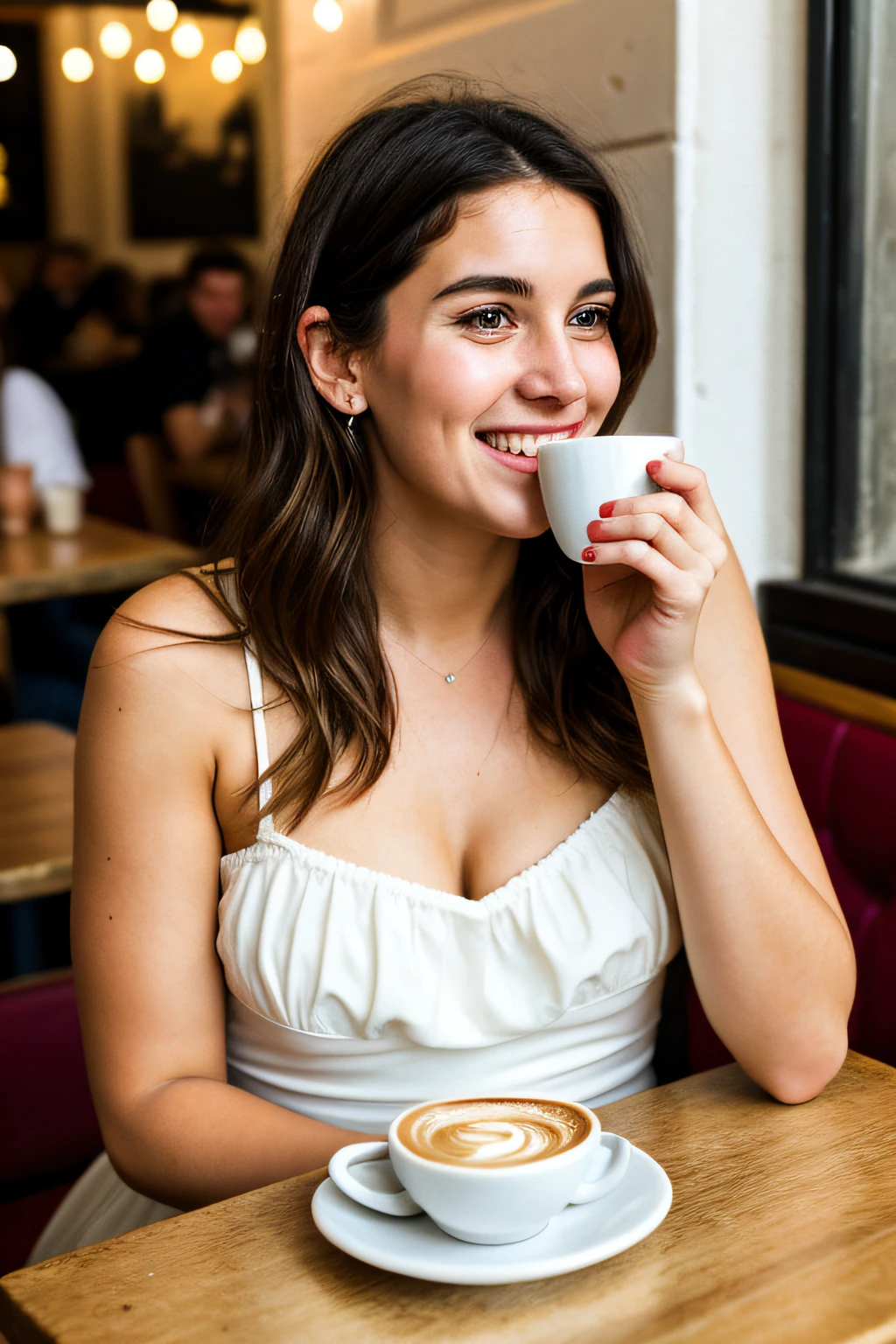 RAW photo, Portrait of a beautiful 26-year-old photo face.o woman, cute face, wearing a white dress, happy face, drinking coffee in a cafe in an old European city. dramatic lighting