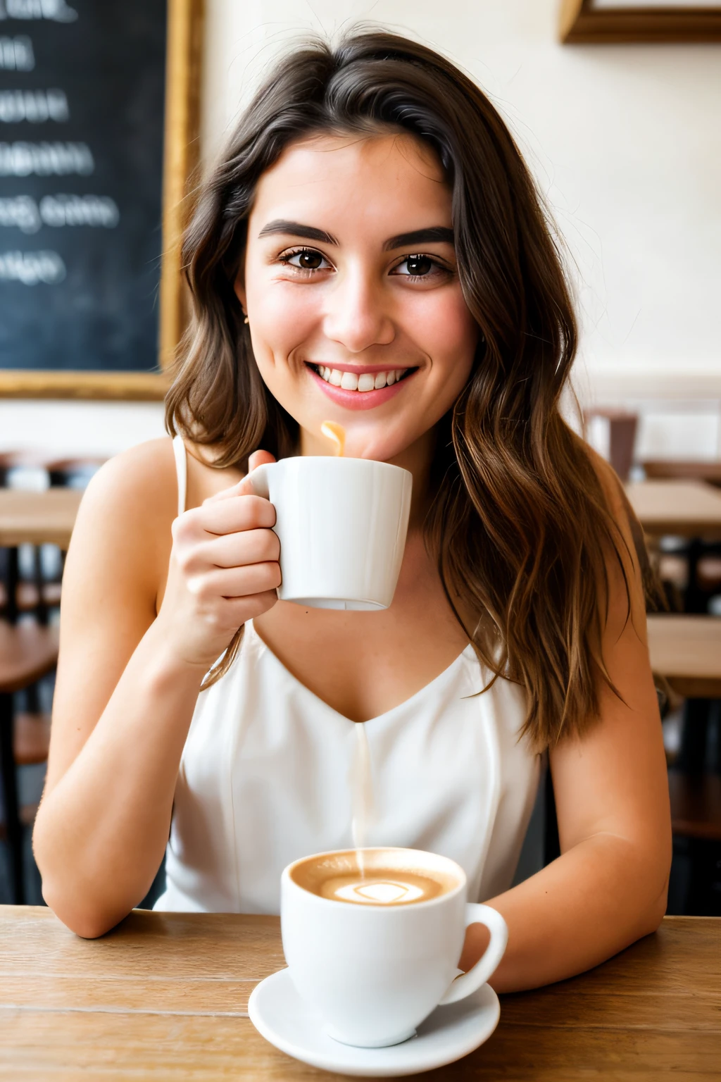 RAW photo, Portrait of a beautiful 26-year-old photo face.o woman, cute face, wearing a white dress, happy face, drinking coffee in a cafe in an old European city, looks directly into the camera. There are no fingers in the photo.