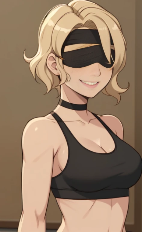 A beautiful blonde woman, with short wavy hair, wearing a blindfold and a black sportsbra, relaxed smile.