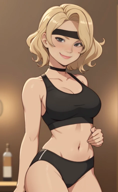 A beautiful blonde woman, with short wavy hair, wearing a blindfold and a black sportsbra, relaxed smile.