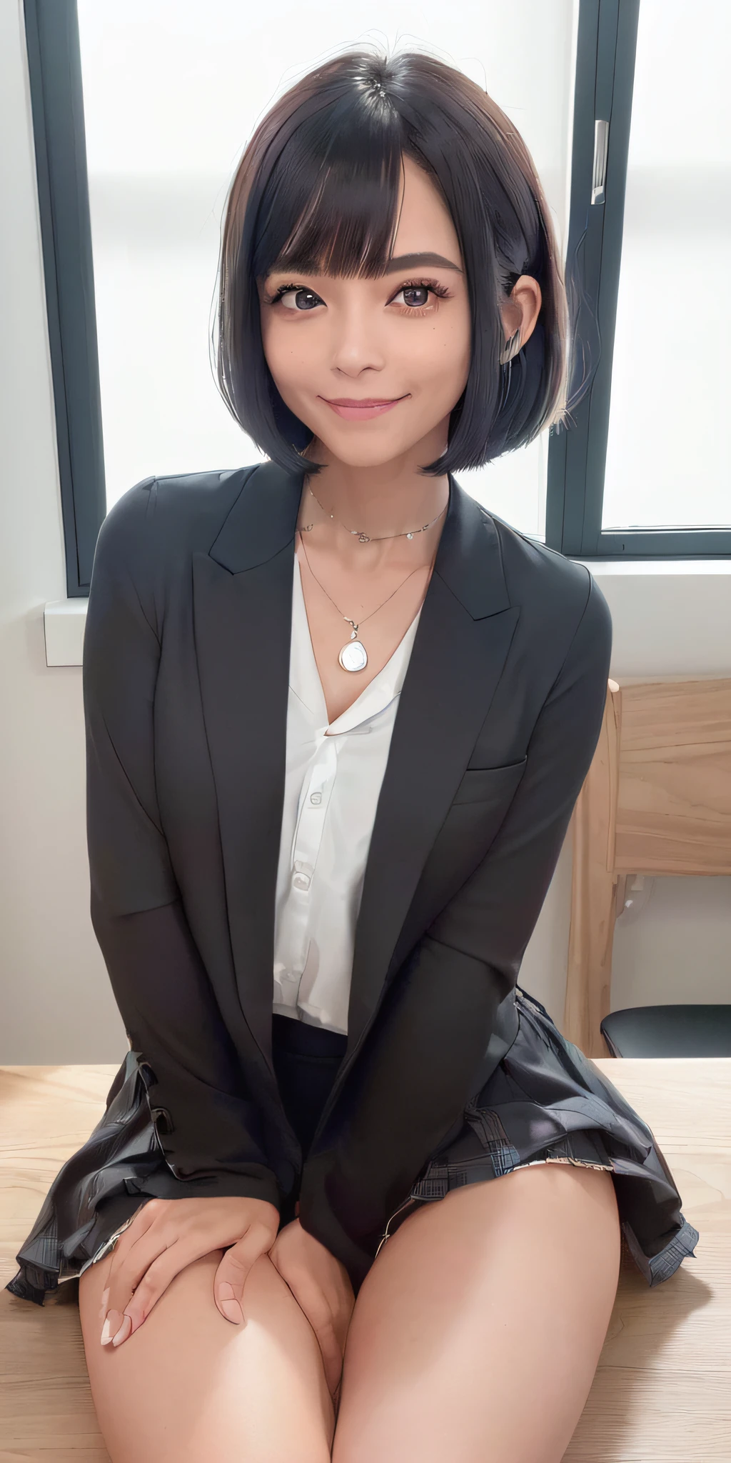 (((profesional: Paso a paso, taking into account even the smallest detail, Resultado final a nivel de Dios))):, "anime, estilo anime de mujer realista, (aegyo sal: 1), 18 years old girl, (blazer gris, cinta, minifalda plegada, calcetines, uniforme de escuela privada: 1.2), aula de secundaria, hermoso detalle en los ojos, (eye size: 3/4) luz en la cara, ((foto de cuerpo completo: 1.2)), luz especialmente fuerte, (ojos superiores, sonrisa sonriente: 1.2), piel brillante, (((cabello negro, cabello bob: 1.2))), (muslos gruesos), ulzzang-6500-v1.1: 0.2, bashful, (flash: 1.2), NSFW , (hinchado), ((postura seductora: 1.2, atractivo: 1.2)), (inactivo), (sentado en un escritorio en el aula: 1.2)), ((good anatomy: 1.2)), ((aula brillante y refrescante, fondo borroso: 1.2)), cara perfecta, cara linda y simetrica, (High Angle Shot: 1.2)s., Natural side lighting, ((8k, fotos RAW, calidad superior, obras maestras), High Definition RAW color photos professional close-up photos, (realista, fotorrealismo: 1.37), (highest quality), (mejores sombras), (mejores ilustraciones), Clavicles ((grandes)), ((erotic, sexy, ultra-high-resolution, 8K HD Unified CG Wallpapers, Physical representation, movie lighting), Canon EOS R50 camera 50mm lens"
