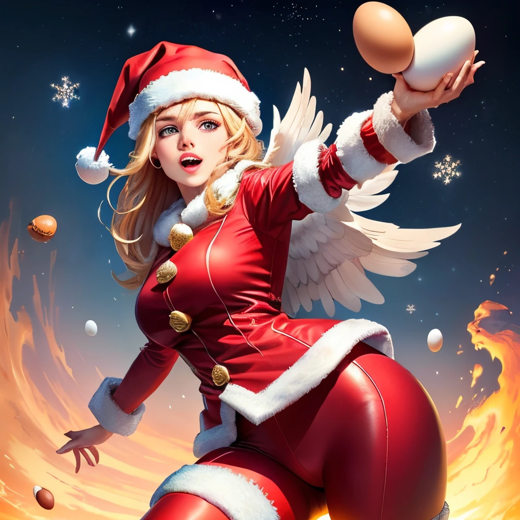 Cow with wings throws eggs at Santa Claus