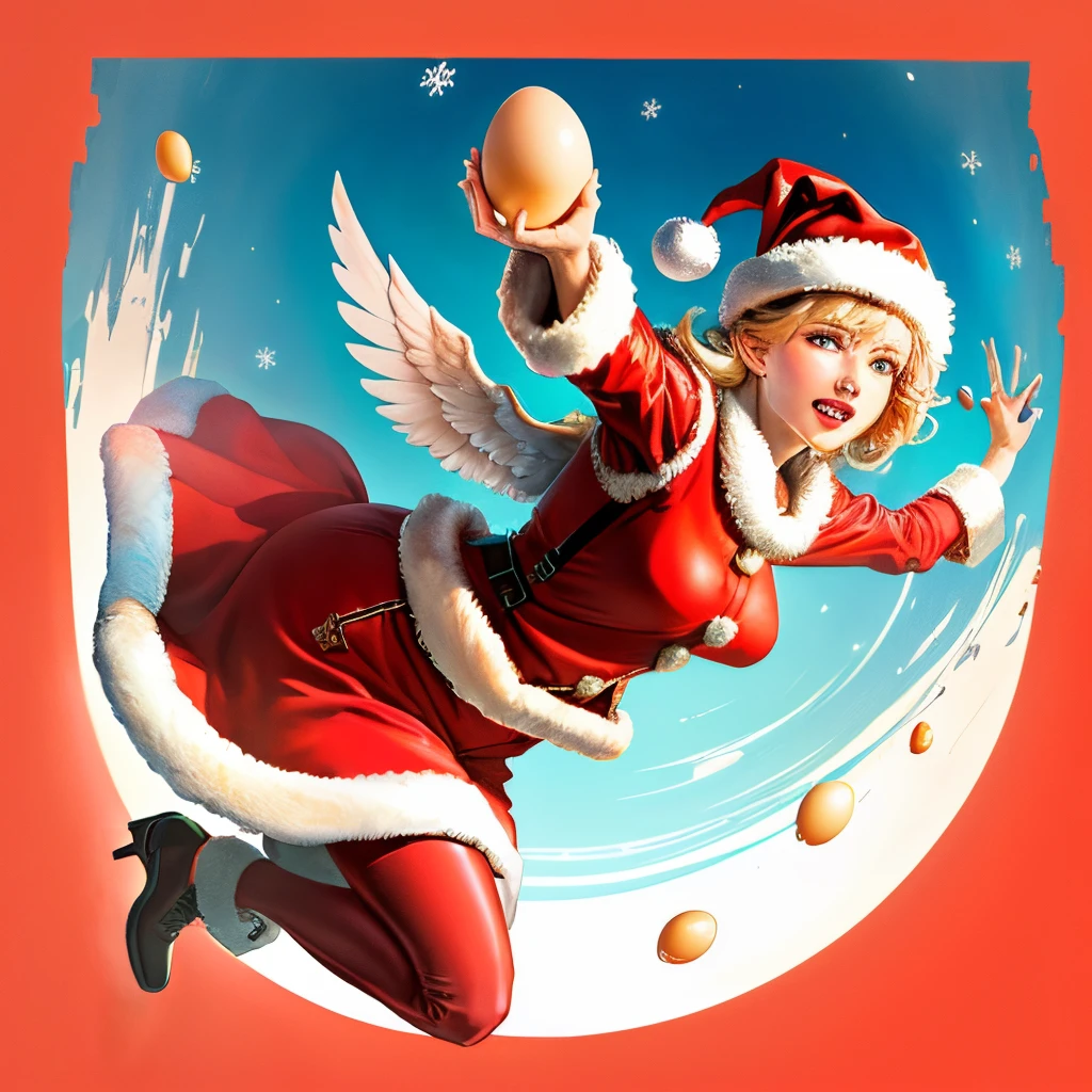 Cow with wings throws eggs at Santa Claus