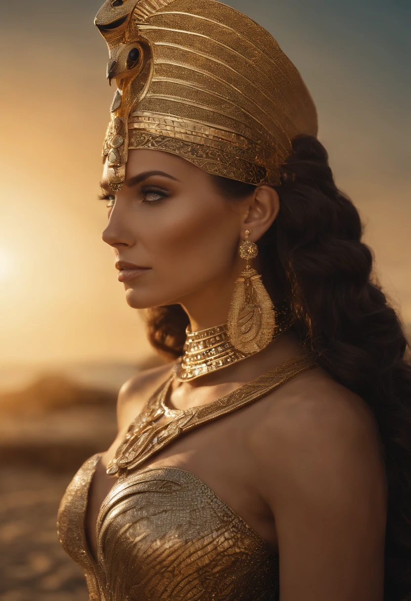 hyper realistic, ultra detailed photograph of an woman with in futuristic headwear inspired by an ancient Egypt queen, Cleopatra headwear, Egyptian Queen in sexy cut out dress in black and gold, snake, gold, silver, stones, scarab beetle, microchips, integrated electric circuits, slightly brown skin, natural bust, dark hair, Salma Hayek look, golden jewelry, shiny, warm sunlight fractal details, full body pose, dynamic pose, (Anna Steinbauer:1.5), depth of field, HOF, hall of fame, detailed gorgeous face, model facing camera, beach in a warm sunset, palm trees, warm orange sun, nature, professional photographer, captured with professional DSLR camera, ultra detailed, ultra accurate detailed, bokeh lighting, surrealism, Thomas Kinkade, ultra unreal engine, ((Pauline Voß)), ((Pascal Quidault)), ((Anna Helme)), Martina Fackova, intricate, epic, freckles, peach fuzz, detailed mascara,