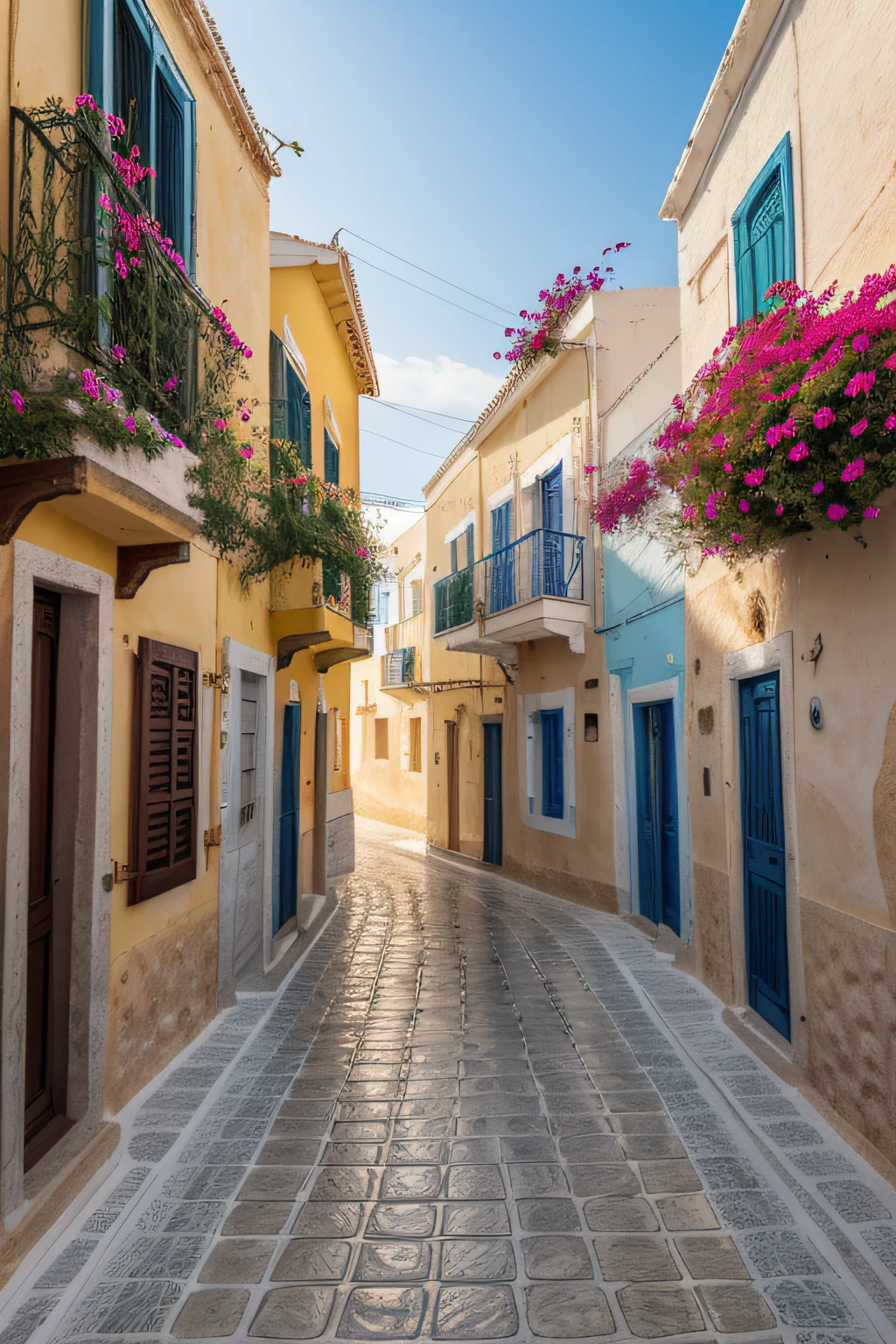 A small coastal town in Greece, with all the characteristic features of Greece, (best quality, highres, masterpiece:1.2), ultra-detailed, (realistic:1.37), vivid colors, portraits, landscape, beautiful detailed eyes, beautiful detailed lips, extremely detailed eyes and face, long eyelashes, traditional village houses, whitewashed buildings, blue-domed churches, narrow cobblestone streets, blooming bougainvillea, turquoise sea, golden sandy beaches, olive groves, breathtaking sunsets, warm Mediterranean sunlight, gentle sea breeze.