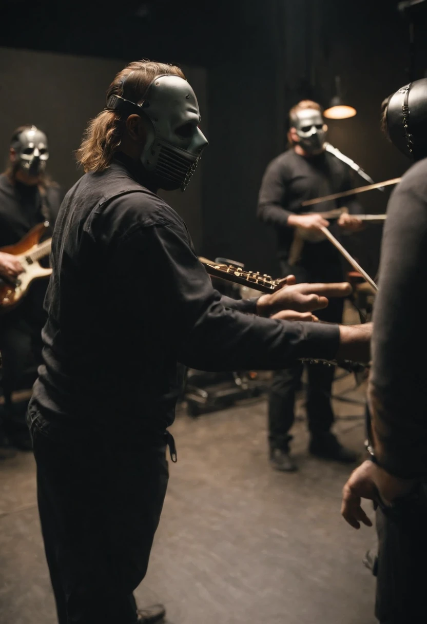 A photo of the Slipknot band members practicing their instruments in a dimly lit rehearsal studio.,original,slipknot