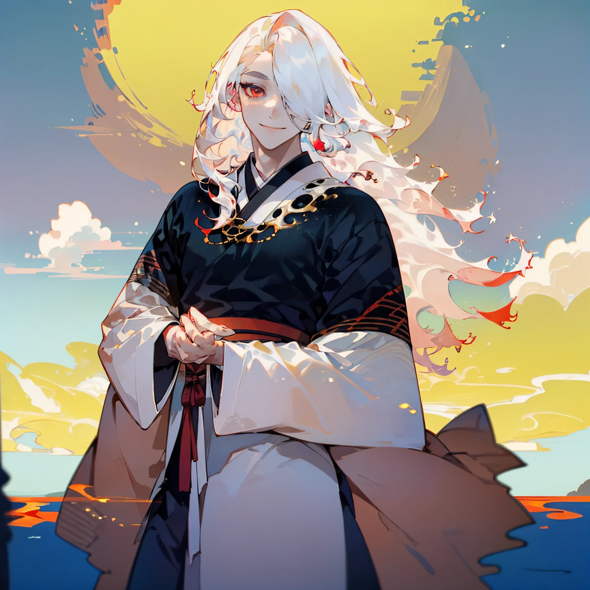 Anime - stylistic image of a man with long white hair, Man with white long hair standing in the lake and looking at the camera, ((tmasterpiece)), ((beste-Qualit, hight resolution, ultradetailed), bright colours, ((((1 male)))), Male character, grown up, tall muscular guy, wide shoulders, Strong Character, Fantasy, dnd, person, red-eyes, albino, The Albino Man, Pure White Long Hair, White long hair (hair above one eye), (big hair), white colored hair, slick hair, straight hair, Creating an atmospheric atmosphere, pale skin, macabre, Gloomy design, Has red smoke and aura, eldritch, Creepy, nightmarish, light around the head, Additional lighting, Against the background of the sky, ((fluffy clouds)), bright sunny day, light mist, in a white kimono, looks at the viewer, canny smile, smirk, muscular back, Men's Back, white-haired god, White silk garment, Gold Pattern, fire at the ends of your hair, fiery hair, firewater, 血