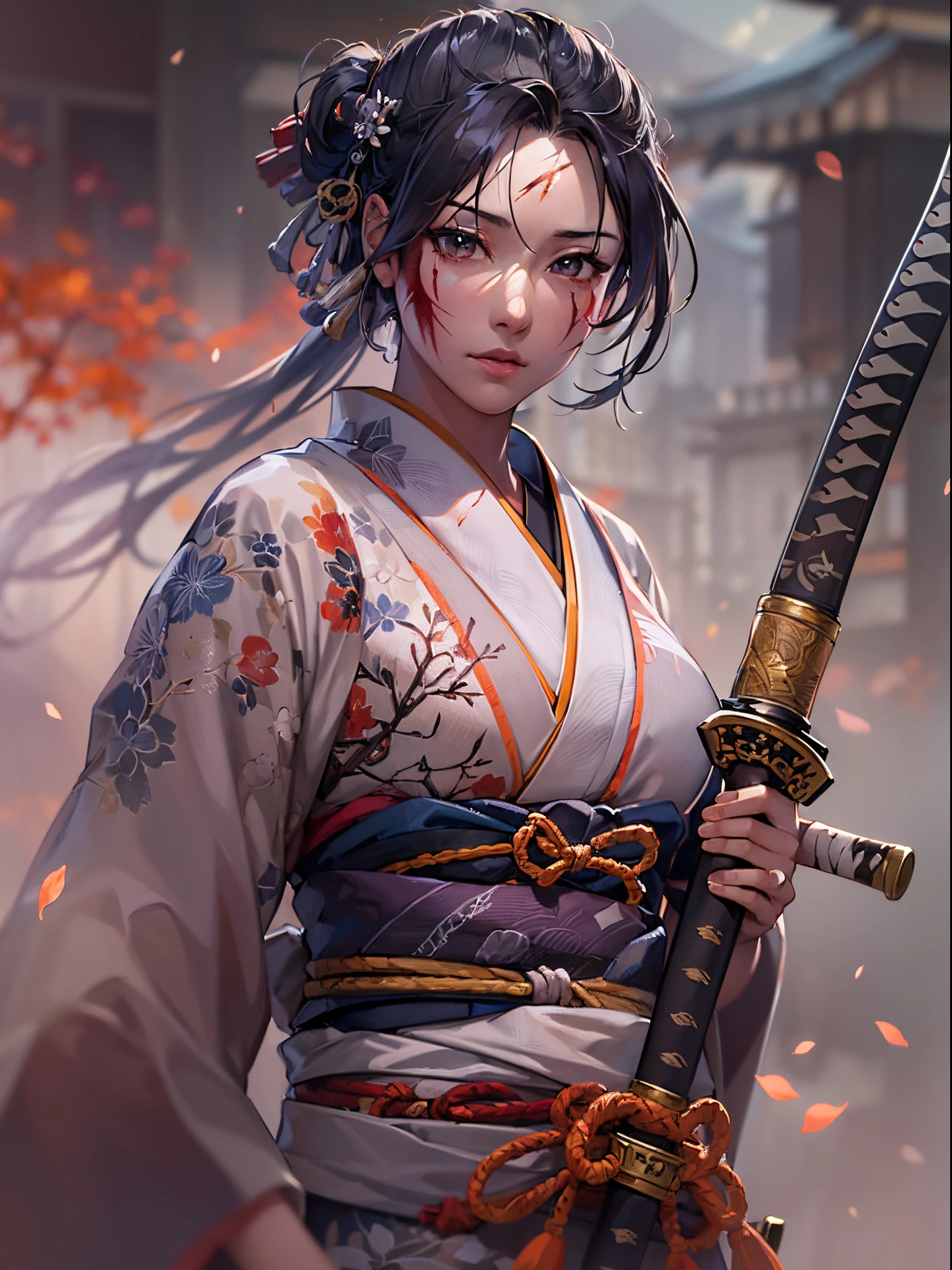 ((Finest quality)),(超A high resolution),(ultra-detailliert),(Meticulous portrayal),((best pictures)),(Finest works of art),Ultra-Precision Art,The art of astounding depiction, A Japanese style:1.8, (1人の女性:1.6),((large scar on upper body:1.5), ronin:1.3,Bandits,Japanese Katana Sword, Dust:1.5