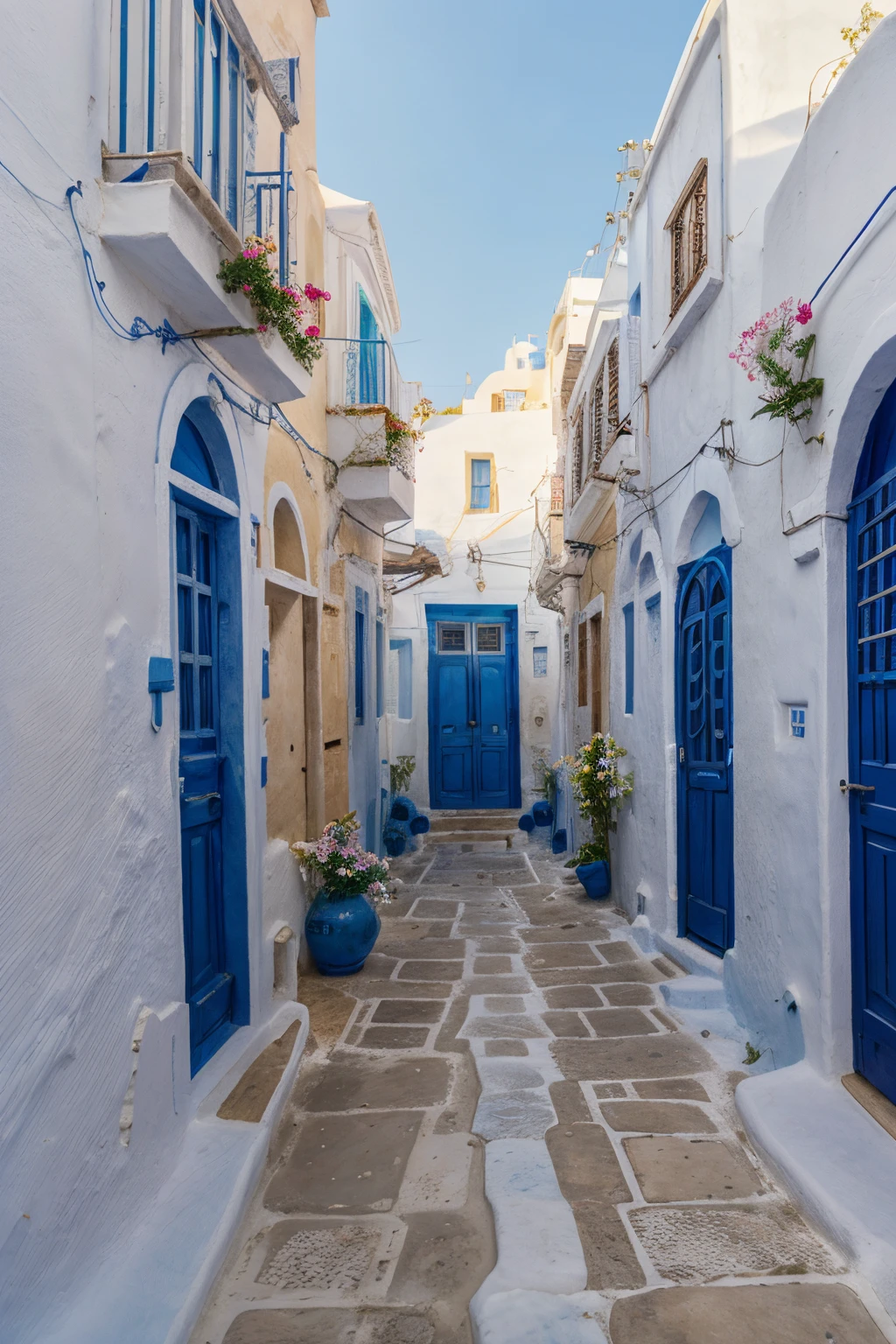 arafed view of a village with a blue door and flowers, santorini, in santorini island, mediterranean island scenery, greece, beautiful place, mediterranean city, in a mediterranean lanscape, greek fantasy panorama, greek setting, whitewashed buildings, rich picturesque colors, southern european scenery, incredibly beautiful, beautiful image, beautiful scenic view, very extremely beautiful, city of pristine colors