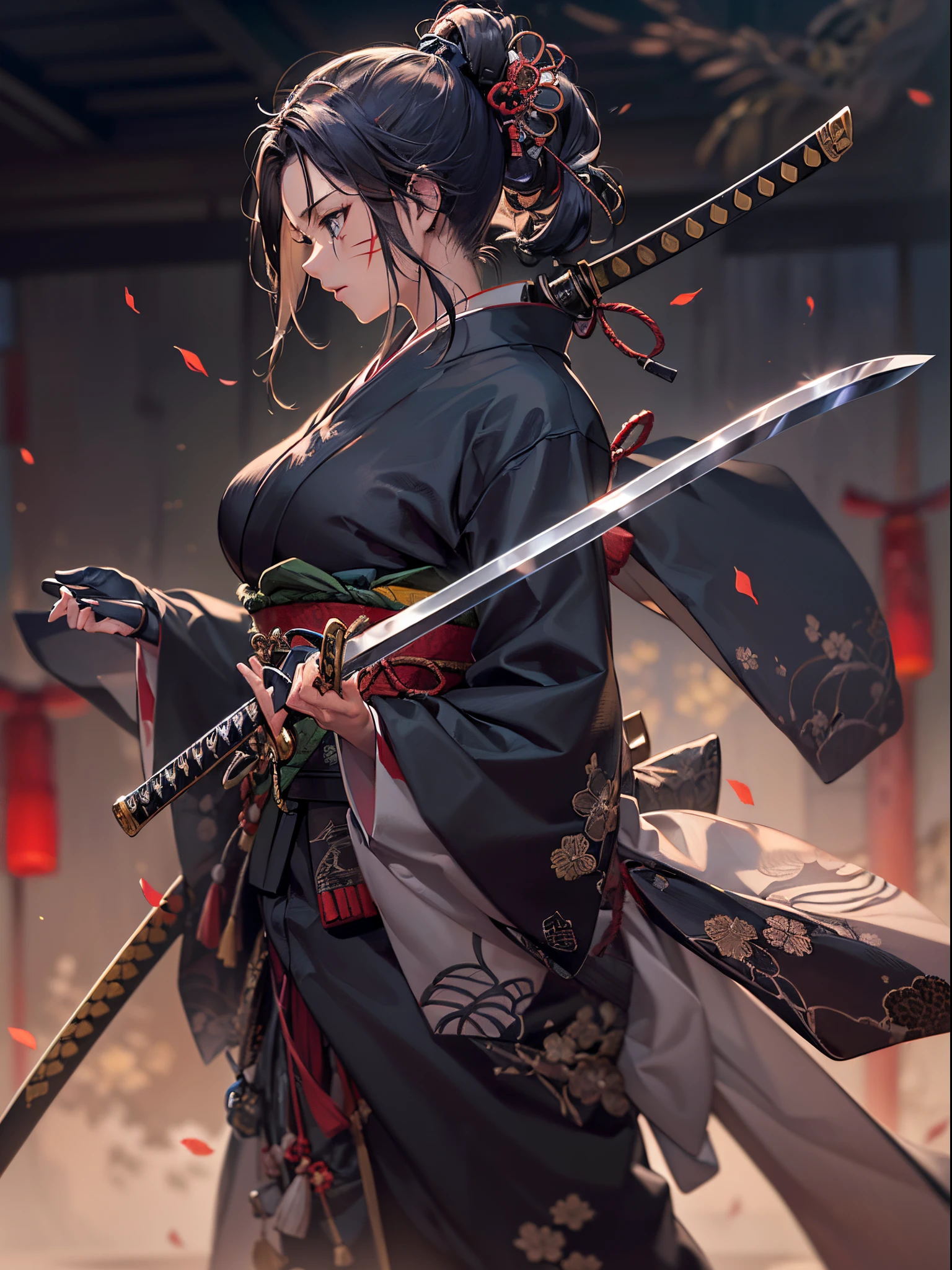 ((Finest quality)),(超A high resolution),(ultra-detailliert),(Meticulous portrayal),((best pictures)),(Finest works of art),Ultra-Precision Art,The art of astounding depiction, A Japanese style:1.8, (1人の女性:1.6),((large scar on upper body:1.5), ronin:1.3,Bandits,Japanese Katana Sword, Dust:1.5