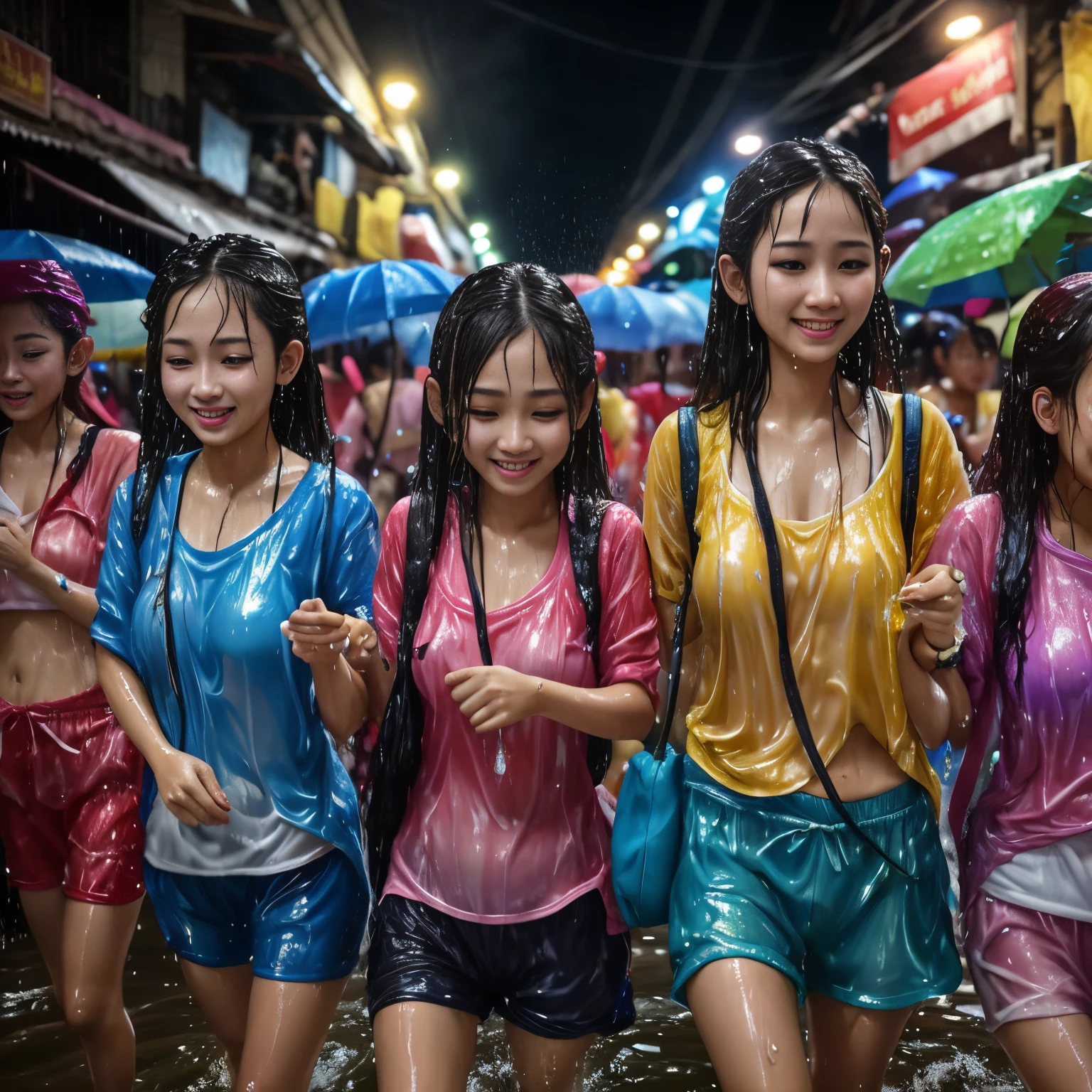 Songkran, wet street party, soaked young girls, drenched, dripping, wet clothes, wet skin, wet hair, 8k, masterpiece, photorealistic, beautiful, happy, clinging heavy clothes