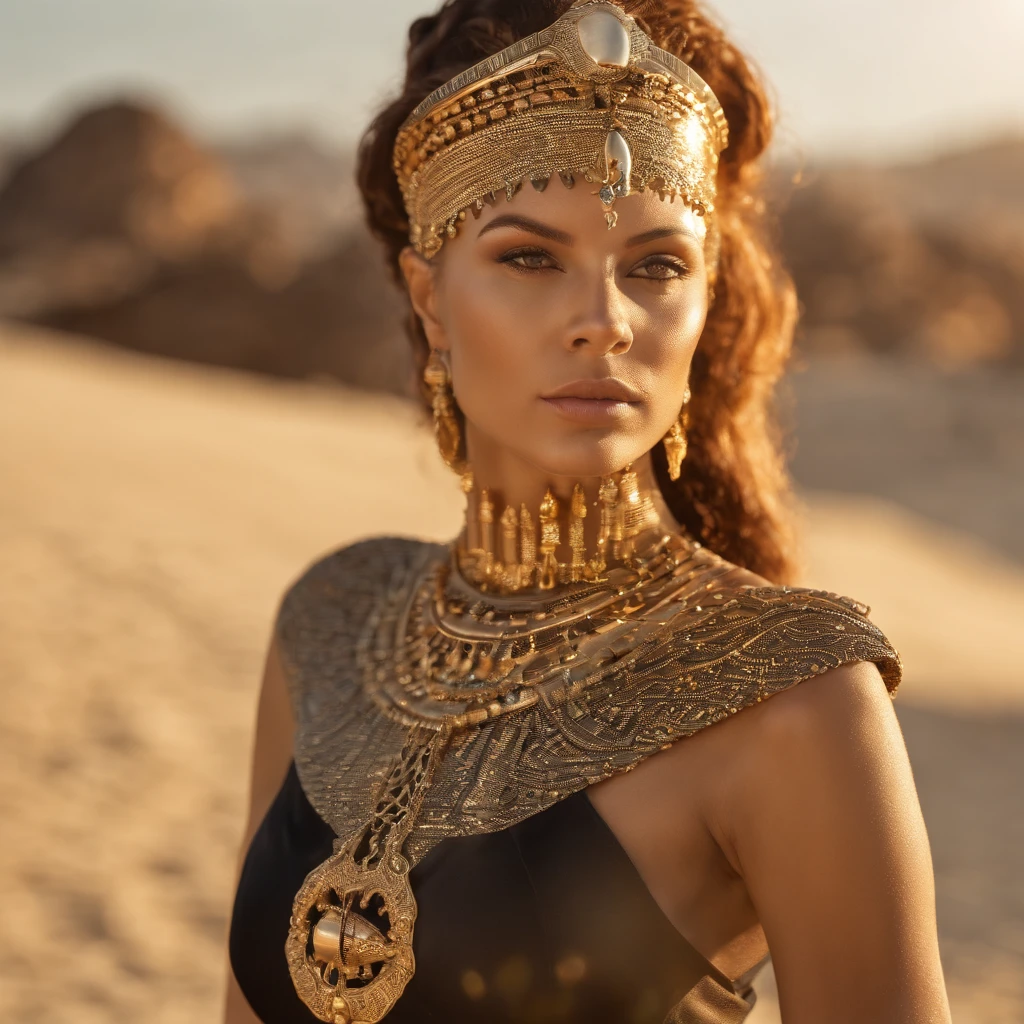 hyper realistic, ultra detailed photograph of an woman with in futuristic headwear inspired by an ancient Egypt queen, Cleopatra headwear, Egyptian Queen in sexy cut out dress in black and gold, snake, gold, silver, stones, scarab beetle, microchips, integrated electric circuits, slightly brown skin, natural bust, dark hair, Salma Hayek look, golden jewelry, shiny, warm sunlight fractal details, full body pose, dynamic pose, (Anna Steinbauer:1.5), depth of field, HOF, hall of fame, detailed gorgeous face, model facing camera, beach in a warm sunset, palm trees, warm orange sun, nature, professional photographer, captured with professional DSLR camera, ultra detailed, ultra accurate detailed, bokeh lighting, surrealism, Thomas Kinkade, ultra unreal engine, ((Pauline Voß)), ((Pascal Quidault)), ((Anna Helme)), Martina Fackova, intricate, epic, freckles, peach fuzz, detailed mascara,