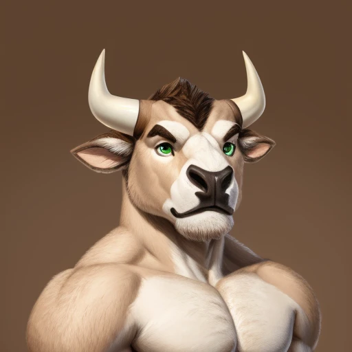 ((solo)), male, anthro, ((bull-face, medium-length horns, muscled body, brown and white furred body)), calm expression, green eyes, (upper half view)