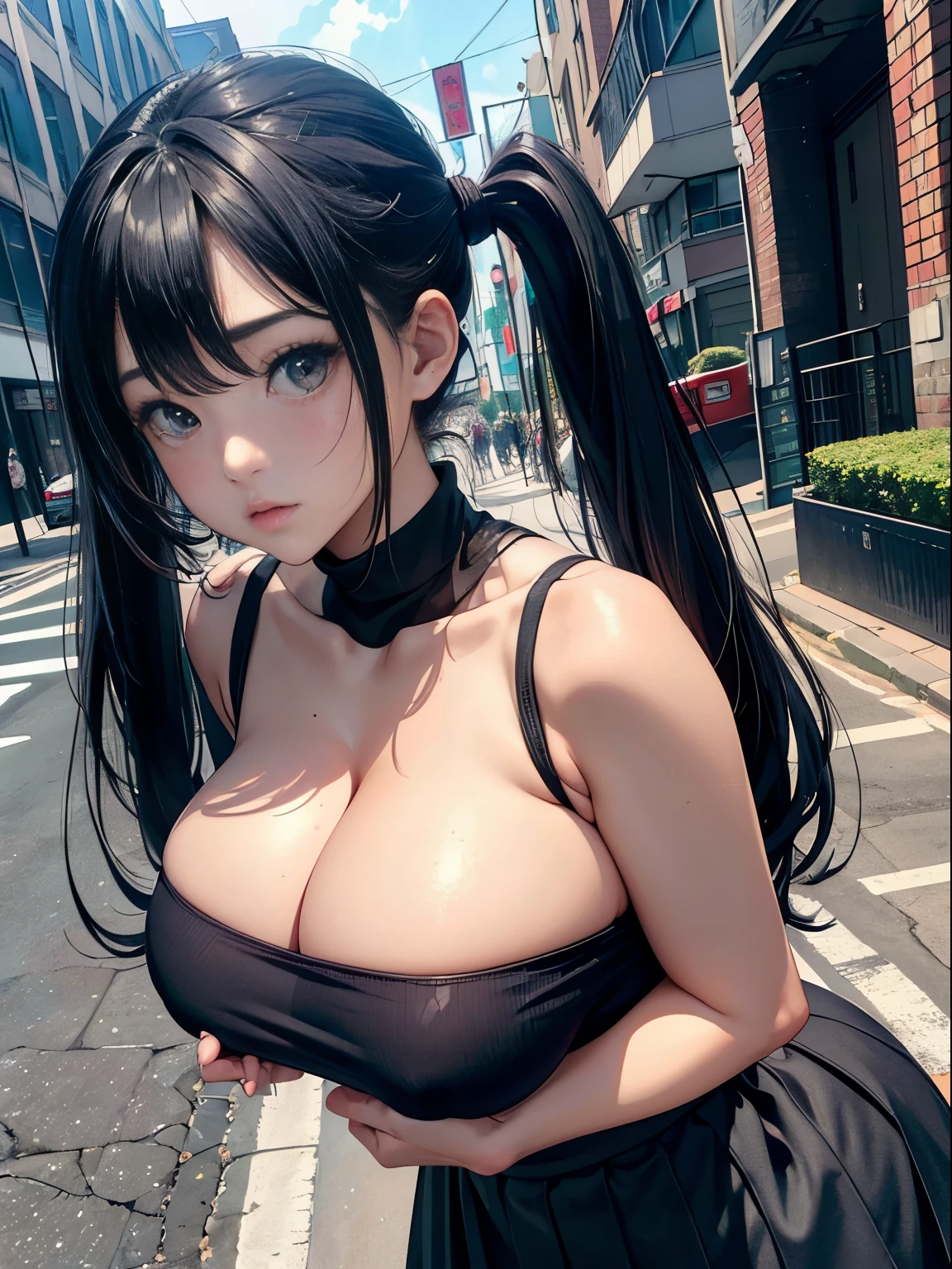 a 20 yo woman、(masterpiece:1.4)、(in 8K、realisitic、Raw photo、top-quality:1.4)、(Real Face:1.4)、(real looking skin:1.3)、超A high resolution、A hyper-realistic、Black eyes、Black hair twintails、grey sweater、pleatedskirt、(huge-breasted:1.5)、Blushing、alluring face、Embarrassed look、In the street、natta、to stand