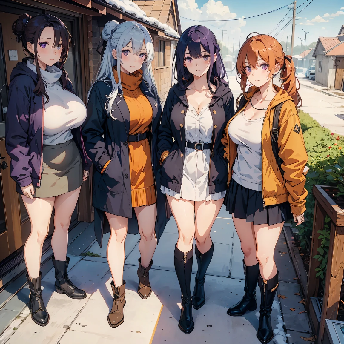 (masterpiece), 4girls, best quality, expressive eyes, perfect face, mature female, large breasts, brown hair, braid, slim body, navel, purple eyes, hair ribbon BREAK tomboy, mature female, large breasts, Cleavage, orange hair, hair buns BREAK mature female, small breasts, long hair, (hair over one eye), purple hair, yellow eye BREAK mature female, Big breasts, Cleavage, hourglass figure, milf, mother, long hair, wavy hair, light blue hair, yellow eyes BREAK winter clothes, winter coat, snow, house, Boots, pants, skirt, day, cloudy sky, smile