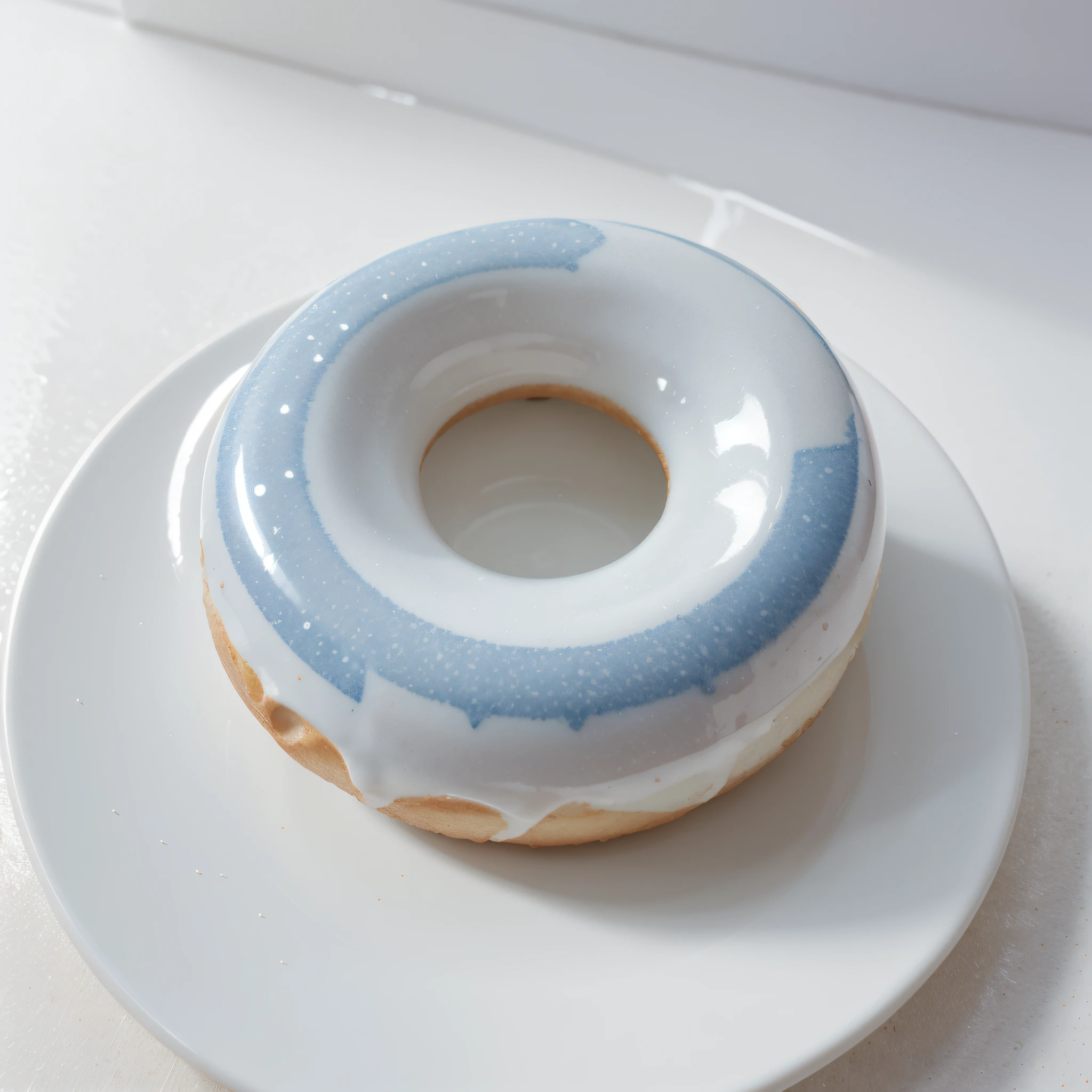 product photography, super glossy texture of a white porcelain, white porcelain donut, blue qinghua pattern