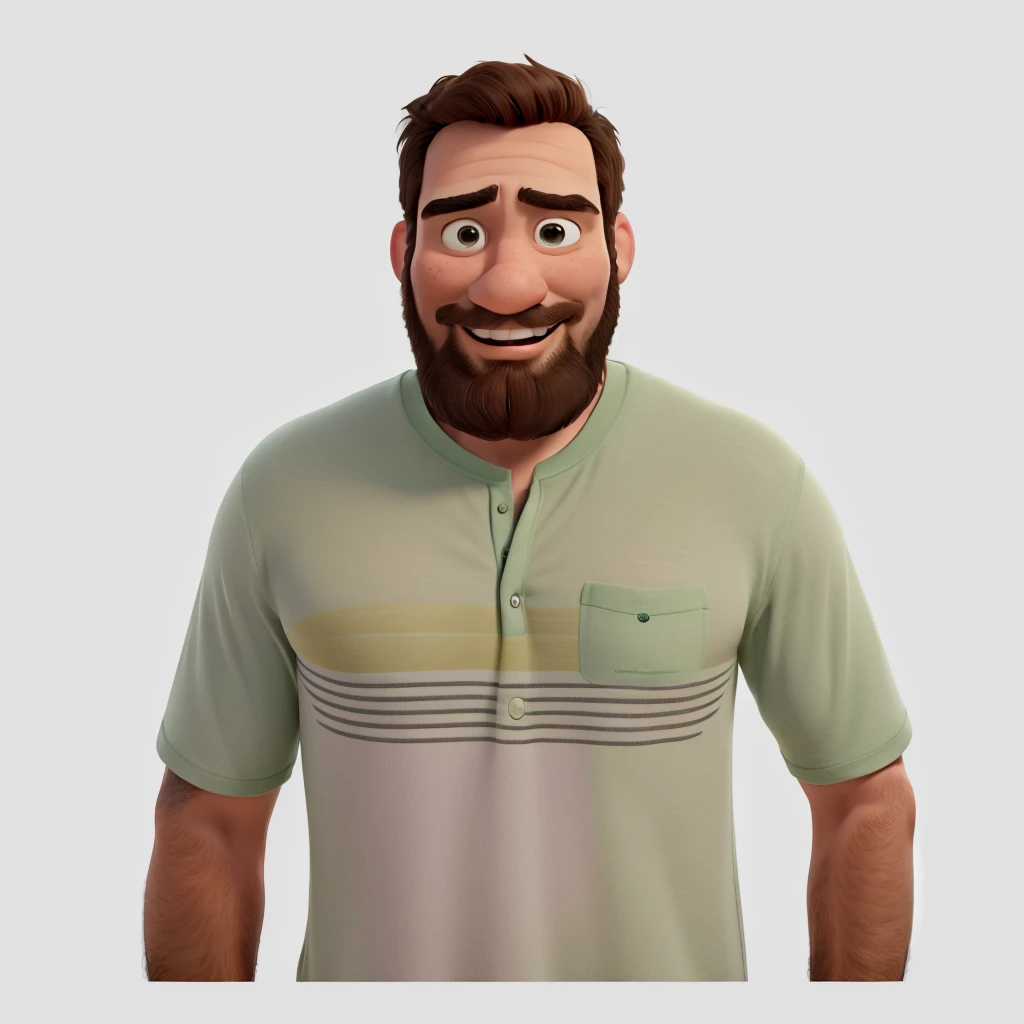 Estilo pixar disney desenho animado, Homem feliz de barba, usando camiseta na cor verde.