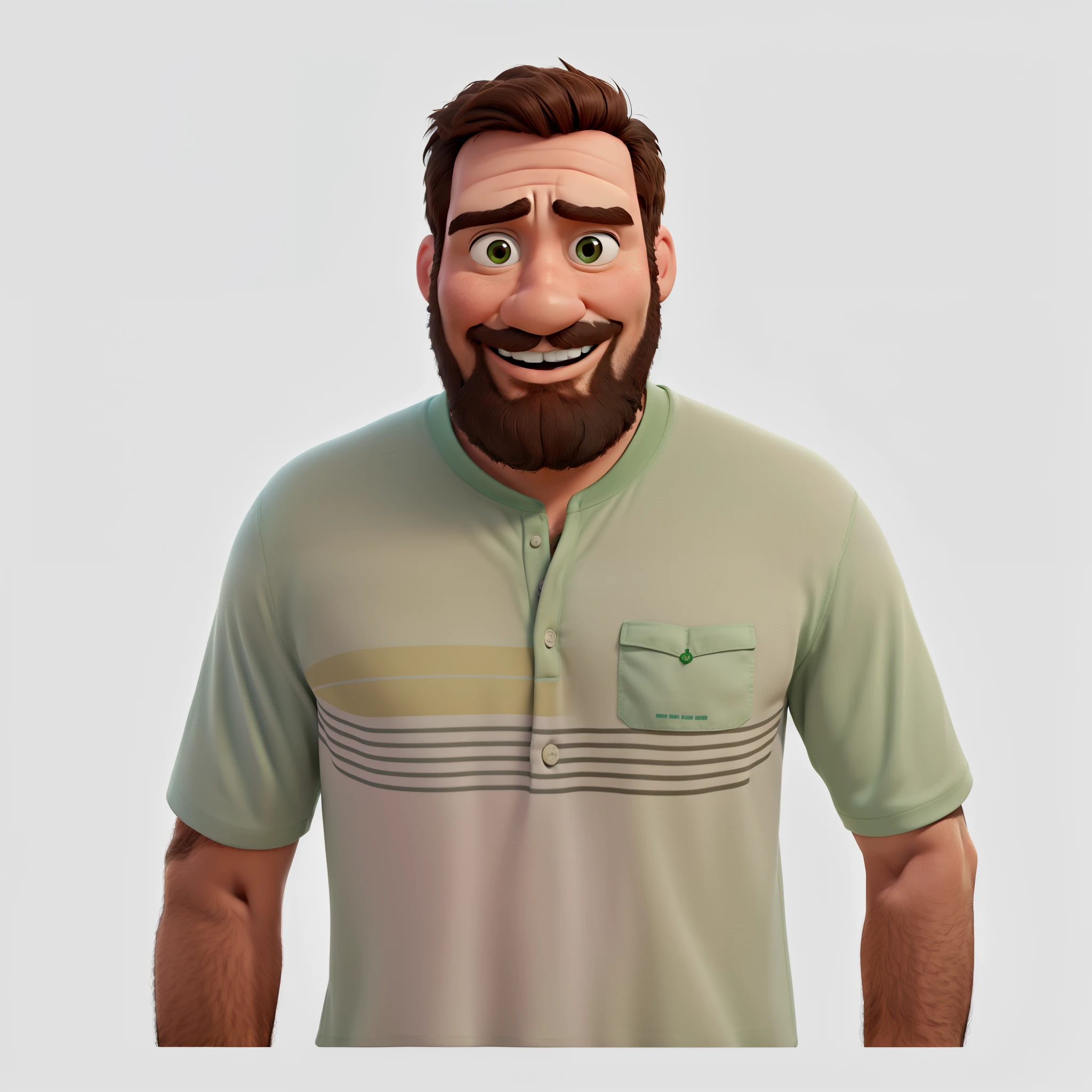 Estilo pixar disney desenho animado, Homem feliz de barba, usando camiseta na cor verde.