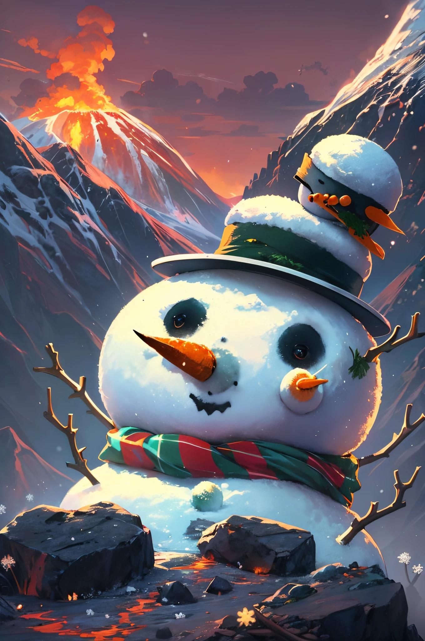 masterpiece, highly detailed, concept art, centered, medium shot, (snowman:1.5), cute, flowing lava in the ground, volcano mountain background, melted, vibrant color, (epic composition, epic proportion), HD