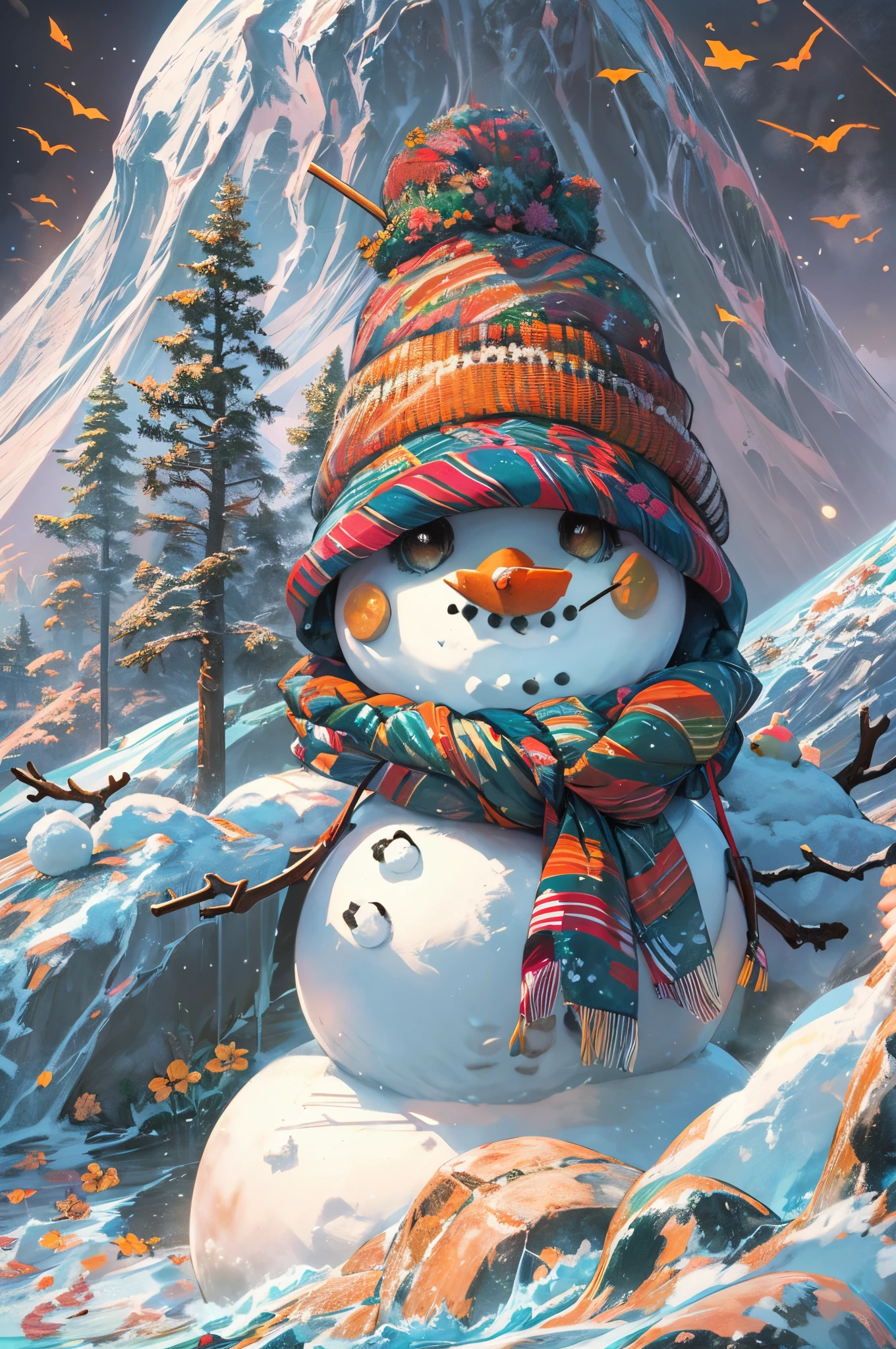 masterpiece, highly detailed, concept art, centered, medium shot, (snowman:1.5), cute, flowing lava in the ground, volcano mountain background, melted, vibrant color, (epic composition, epic proportion), HD