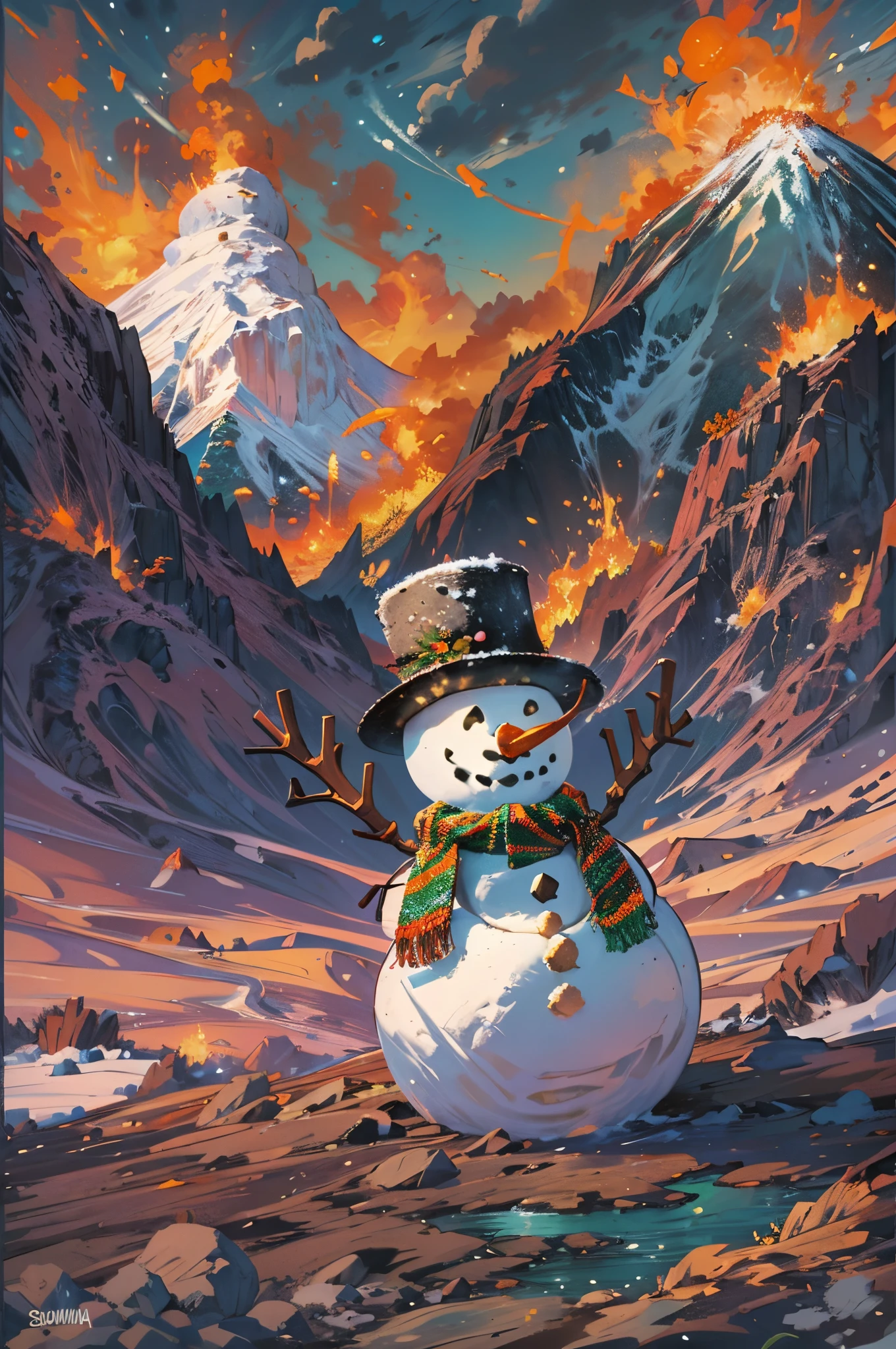 masterpiece, highly detailed, concept art, centered, medium shot, (snowman:1.5), cute, flowing lava in the ground, volcano mountain background, melted, vibrant color, (epic composition, epic proportion), HD