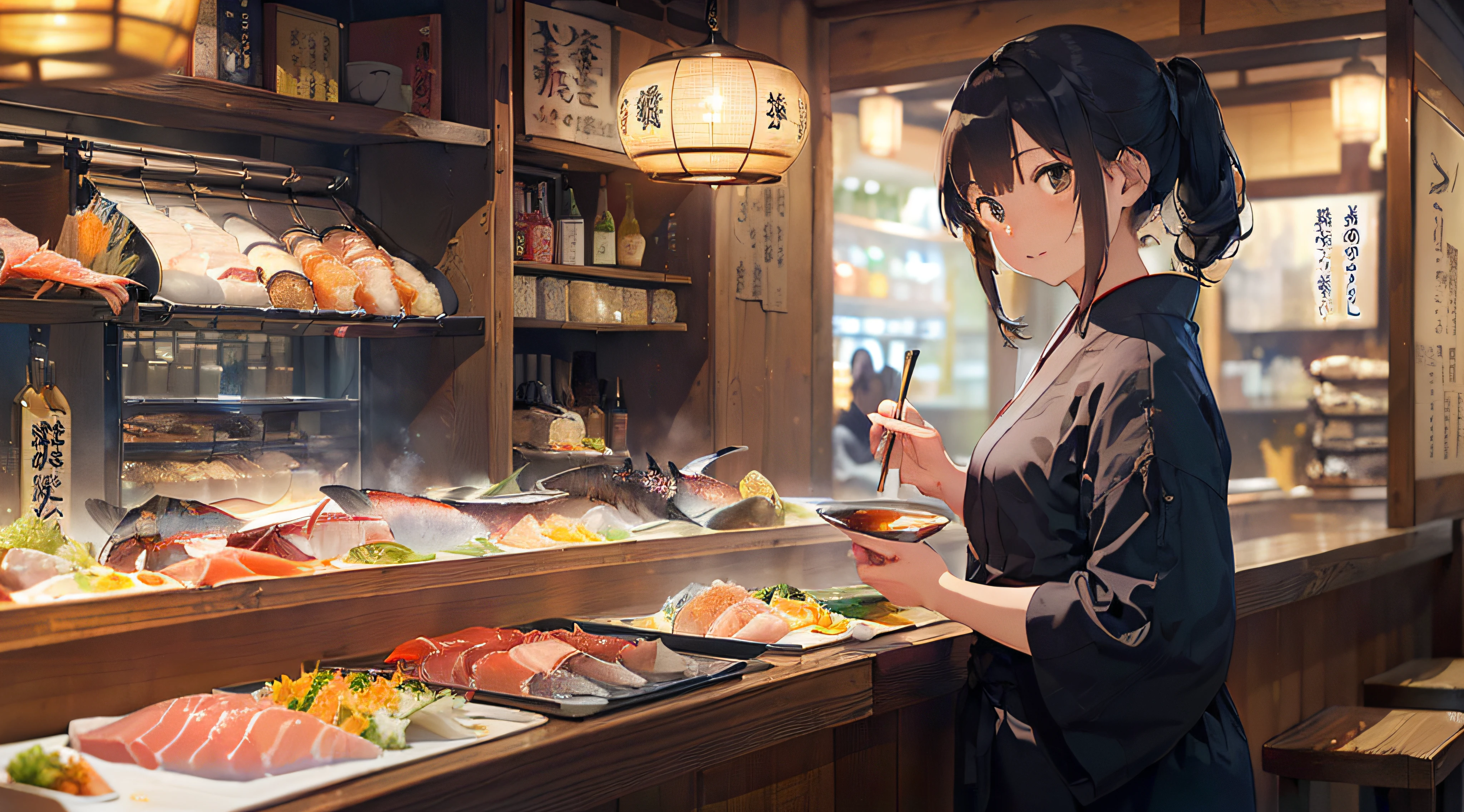{{{Masterpiece, highest quality, high resolution background}}}, bright and beautiful atmosphere, 3 girls (2 , 1 short-tempered round face), 1 (hair, surface effects), small breasts, beautiful sushi A girl holding sushi, a girl eating sushi at the audience, "deltamon_sdXL :0.73) >Deltamon"