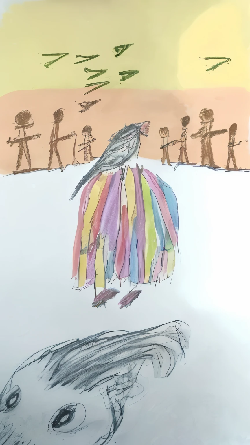 a drawing of a bird with a rainbow dress on a white sheet, childs drawing, childrens drawing, a child's drawing, 7 year old crayon drawing, colored drawing, inspired by Ted DeGrazia, kids fantasy drawing, child's drawing, winning artwork, inspired by Quentin Blake, based on child's drawing, children's artwork, children's book drawing, colored illustration