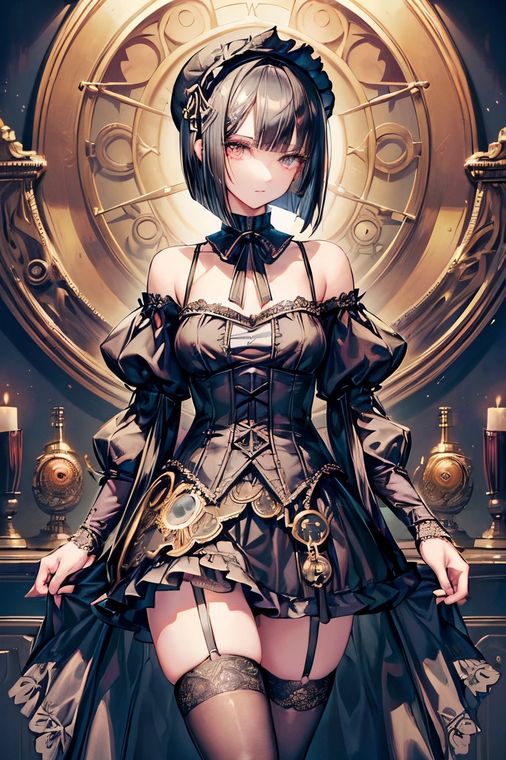 vampire woman, Victorian dress, absurdres, RAW photo, extremely delicate and beautiful, masterpiece, Best Quality, ultra high resolution, 32k, hyperrealistic, ultra-detailed, detailed description, pale skin, 20 years old, tearful mole, earring, medium breasts, short medium hair, wavy hair, whole body shot,