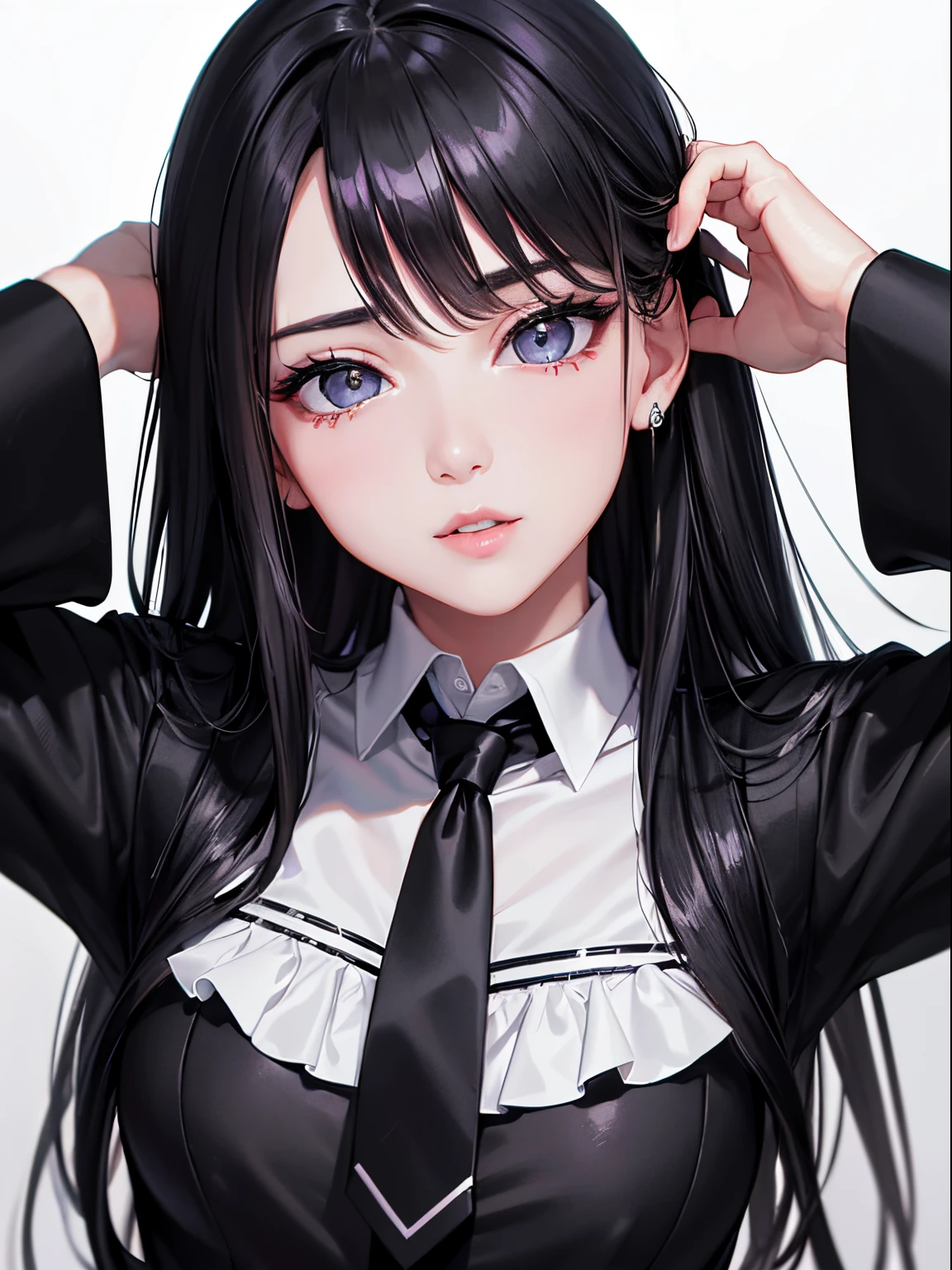 tmasterpiece、topquality、hight resolution、High-quality images、8K、1womanl、more detailed、Detailed Eye Image、Skin Gloss、shiny black hair、Monochrome shades of gray、Liza、portlate、Men、Shirt、neck tie、Costumes