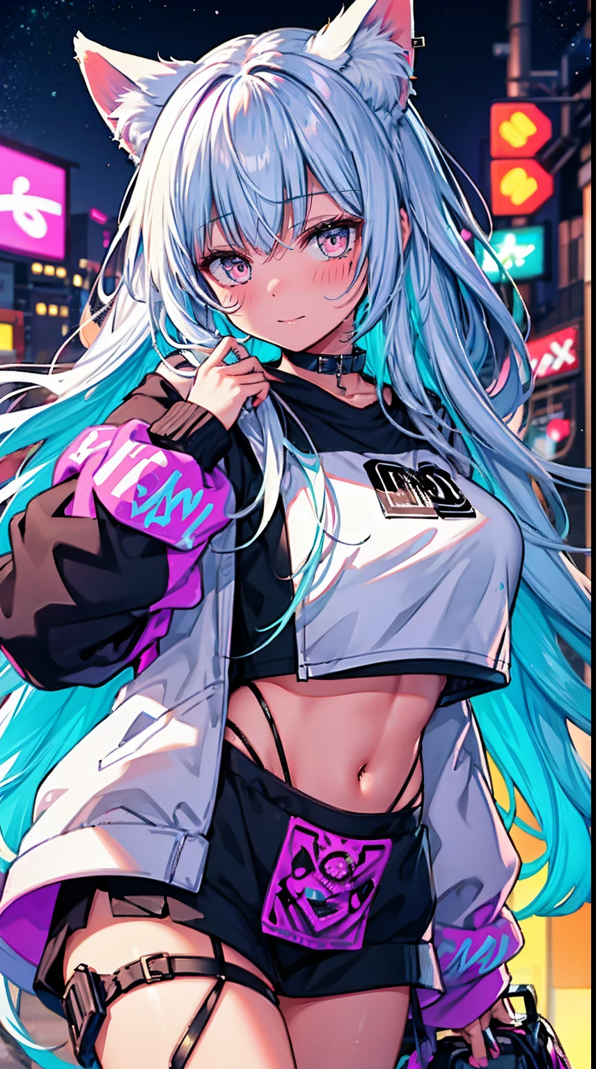 (best quality), ultra-detailed, super detailed skin, (smug expression), extremely detailed,8K,solo,1girl, detailed background,urban, 💫,⭐️,🌟,✨,night,dynamic angle,beautiful eyes,blash,smile,(streetwear:1.5),street style ,(emphasis splatter ),splatter,graffiti,spraycan,❤️,motion,navel,(croptop:0.8), multicolored_hair,neon_color,gyaru, big breast,(cool),(HDR:1),wind
,(jitome:1.2),perfect hand,active,RETRO ART STYLE, NEON_POP ART STYLE, ART STYLE, (ears are perfectly hidden), fox_ear_fluff ,(fox_tail_fluff), Beautiful eyes, shining eyes, super detailed, perfect eyes, glowing eyes