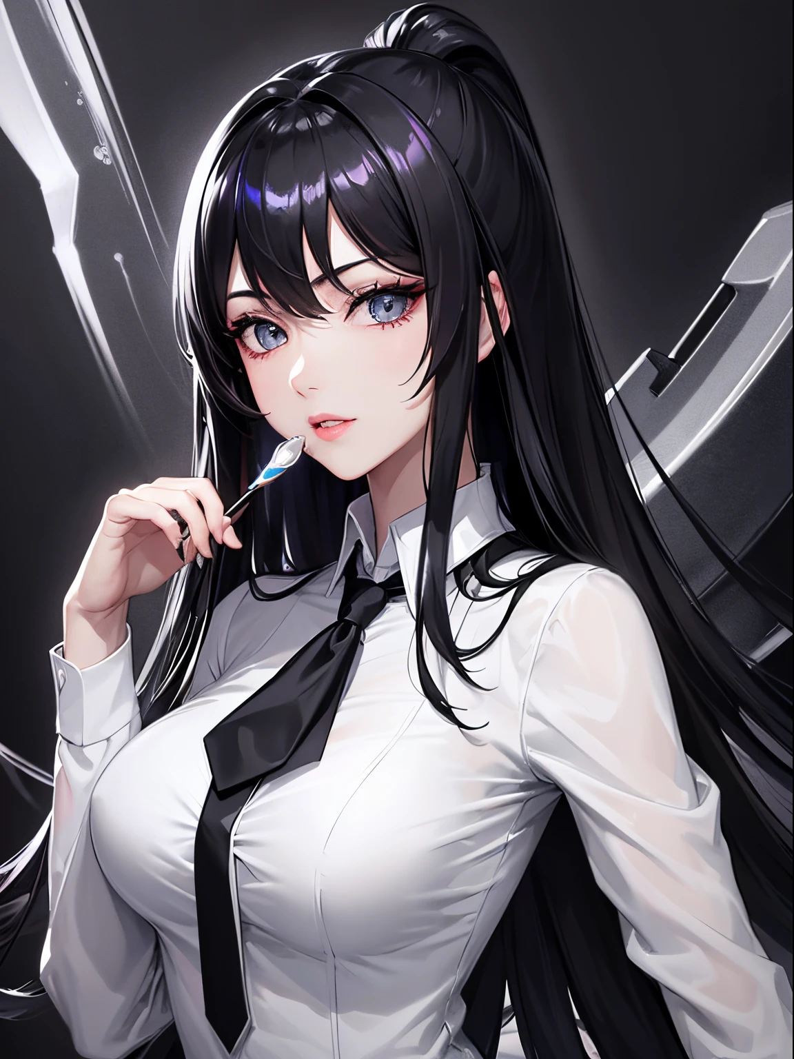 tmasterpiece、topquality、hight resolution、High-quality images、8K、1womanl、more detailed、Detailed Eye Image、Skin Gloss、shiny black hair、Monochrome shades of gray、Liza、portlate、Men、Shirt、neck tie、Costumes