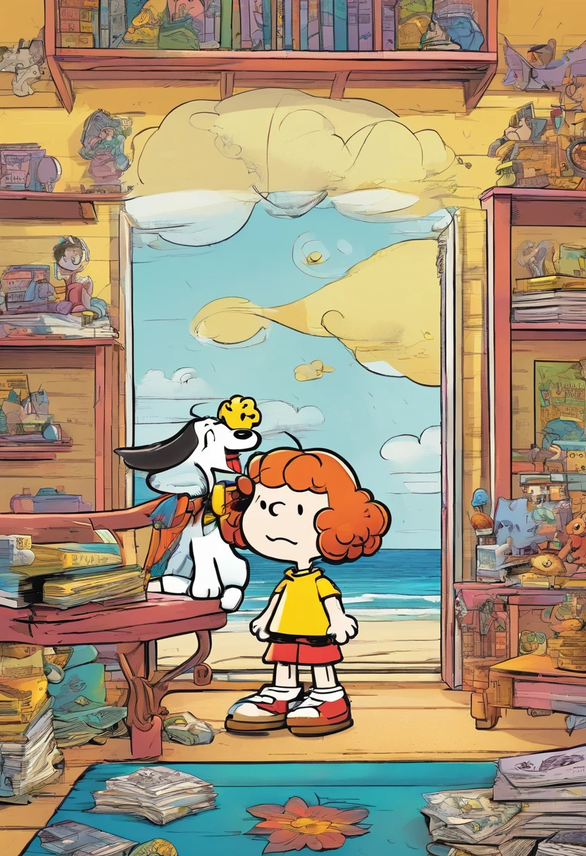 criar personagem, menina, loira, pequena, com sua Poodle micro toy, estilo Snoopy e Charlie Brown