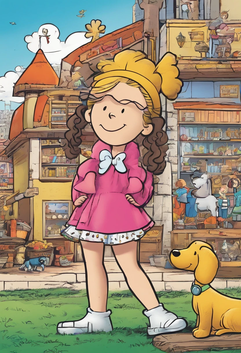 criar personagem, , loira, pequena, com sua Poodle micro toy, estilo Snoopy e Charlie Brown