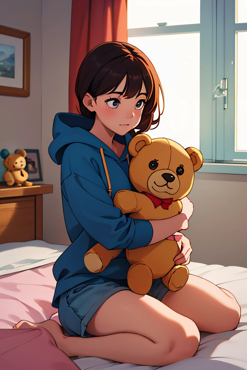 (masterpiece, best quality), 1girl, hugging teddy bear, wariza, in room, sunlight, stuffed toy, hoodie