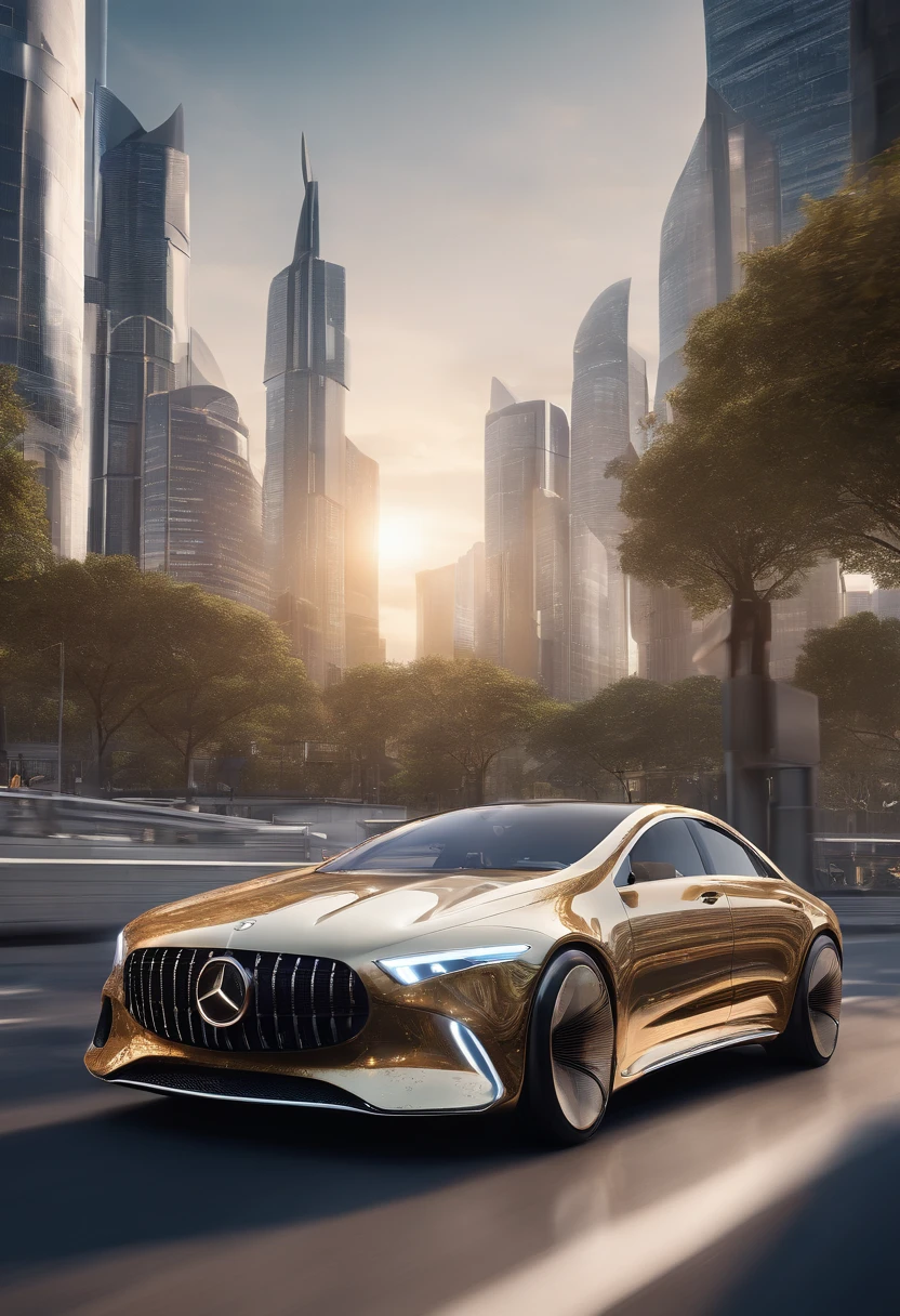 A futuristic Mercedes car drives through a futuristic metropolis, filled with digital 3D billboards and skyscrapers., golden hour, award-winning photo, ultra realistis, Highly detailed