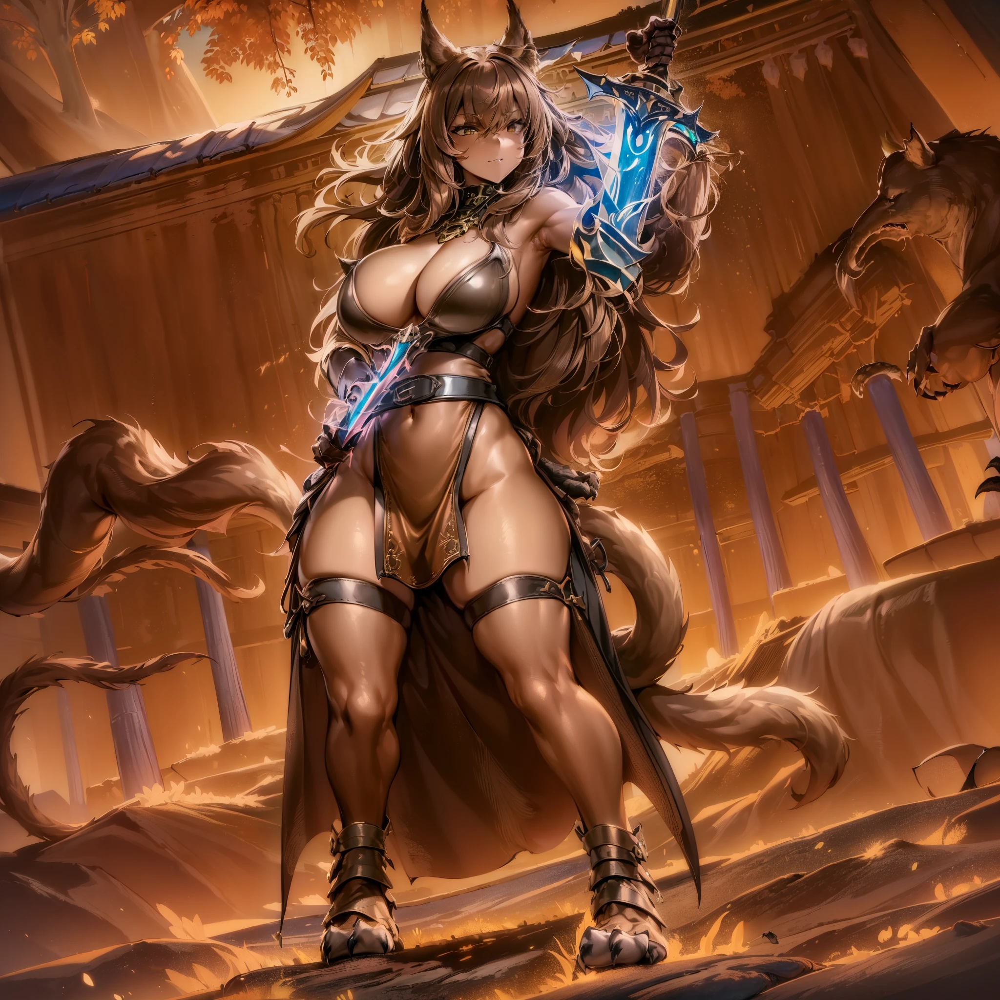masterpiece, best quality, highres, 1girl, solo, beautiful, aesthetically pleasing face, (she has brown furr and brown skin), tabaxi :: rogue, d&d character commission, tiefling from d & d, (anthropomorphic female cat:1.2), d & d style full body portrait, (leftclaw holding sword:1.4), thighs, (animal Digitigrades:1.5), sandals, (long brown pelvic curtain made of leather:1.4), leg armor, metal greaves, forest floor, blue moon, illuminated area, temple