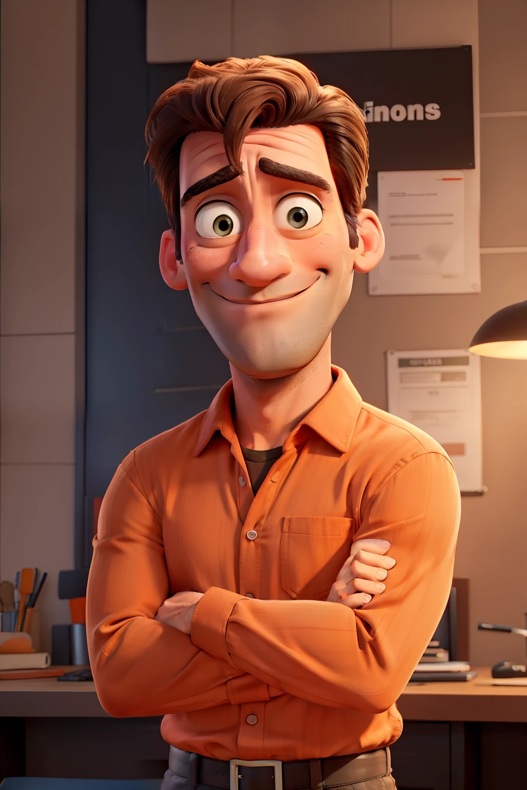 Jon Hamm, Cartoons in orange shirt and black pants, arms crossed, olhando para frente e sorrindo com os dentes aparecendo;