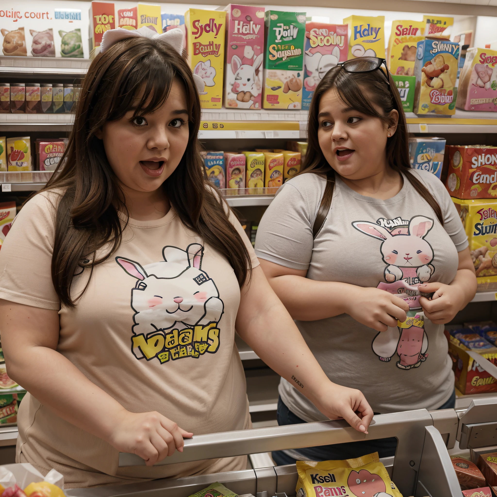 A fat woman in a cute bunny shirt is screaming at the cashier in the supermarket.