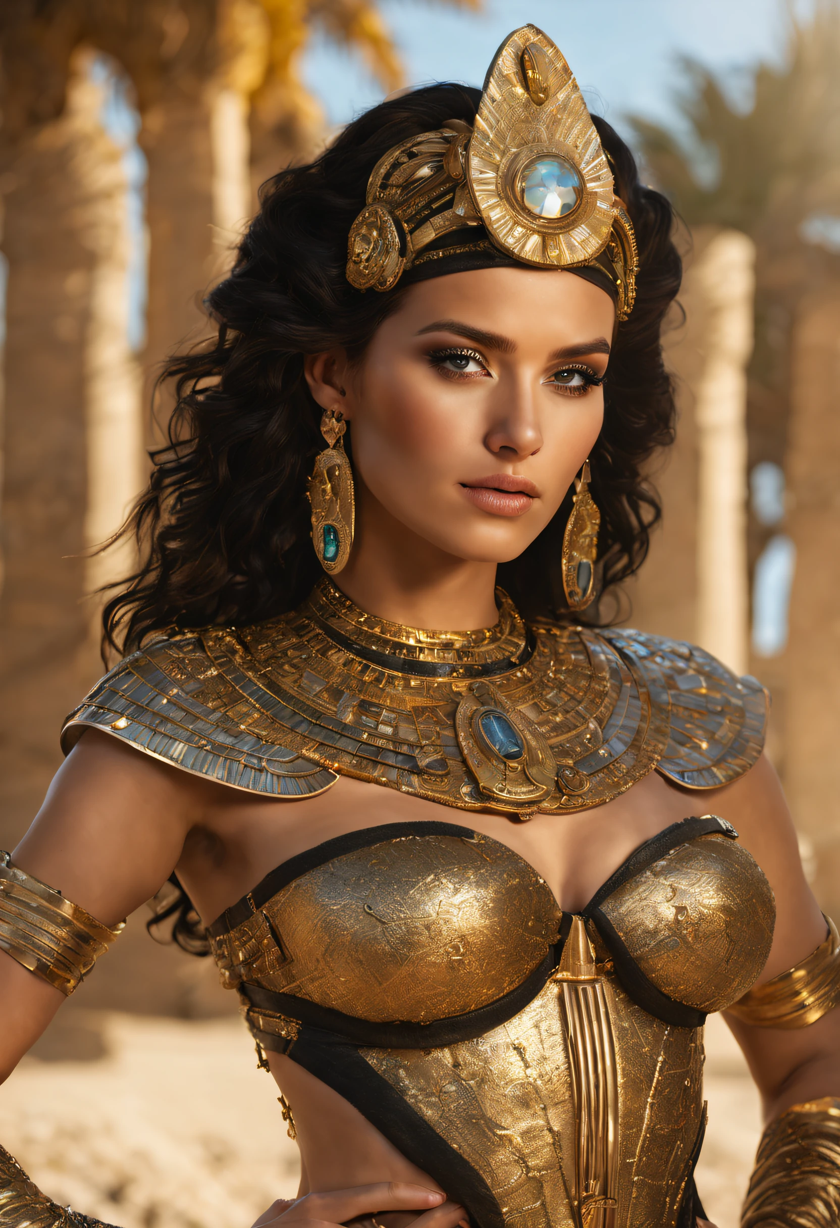 hyper realistic, ultra detailed photograph of an woman with in futuristic headwear inspired by an ancient Egypt queen, Cleopatra headwear, Egyptian Queen in sexy cut out dress in black and gold, snake, gold, silver, stones, scarab beetle, microchips, integrated electric circuits, slightly brown skin, natural bust, dark hair, Salma Hayek look, golden jewelry, shiny, warm sunlight fractal details, full body pose, dynamic pose, (Anna Steinbauer:1.5), depth of field, HOF, hall of fame, detailed gorgeous face, model facing camera, beach in a warm sunset, palm trees, warm orange sun, nature, professional photographer, captured with professional DSLR camera, ultra detailed, ultra accurate detailed, bokeh lighting, surrealism, Thomas Kinkade, ultra unreal engine, ((Pauline Voß)), ((Pascal Quidault)), ((Anna Helme)), Martina Fackova, intricate, epic, freckles, peach fuzz, detailed mascara,