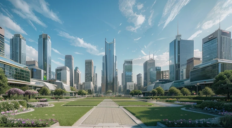 (best quality,photorealistic),(futuristic,high-tech:1.1),(panoramic perspective view, 20mm lens), a subjective view of the city of the future, buildings with gardens and flowers, a park with trees, very dinamic scene, cinematic ambient, epic shi-fi ambient.