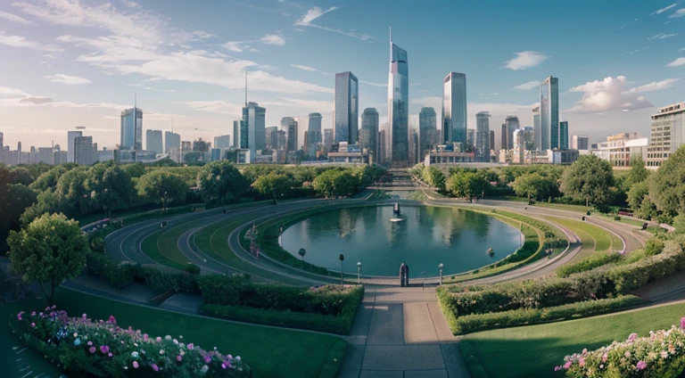 (best quality,photorealistic),(futuristic,high-tech:1.1),(panoramic perspective view, 20mm lens), a subjective view of the city of the future, buildings with gardens and flowers, a park with trees, very dinamic scene, cinematic ambient, epic shi-fi ambient.