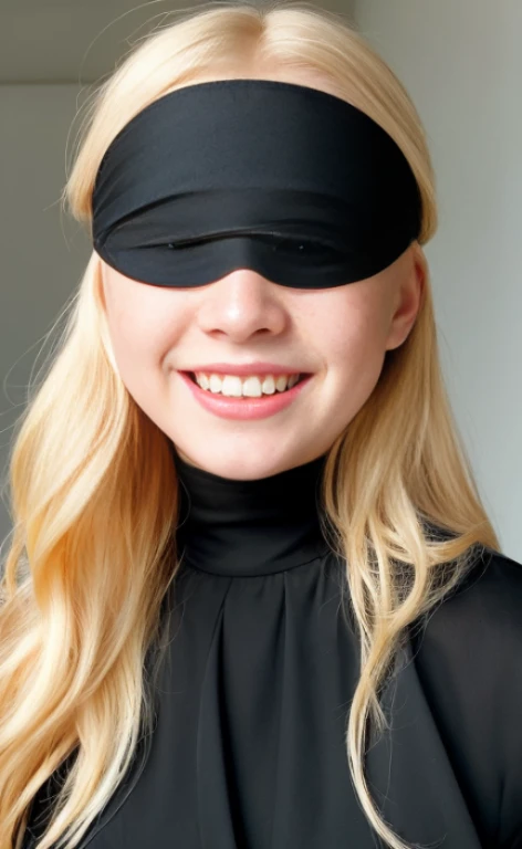 portrait of a beautiful topless 23 years old blonde woman wearing a black blindfold , relaxed happy facial expression, freckles, lying on a pillow in a bed.