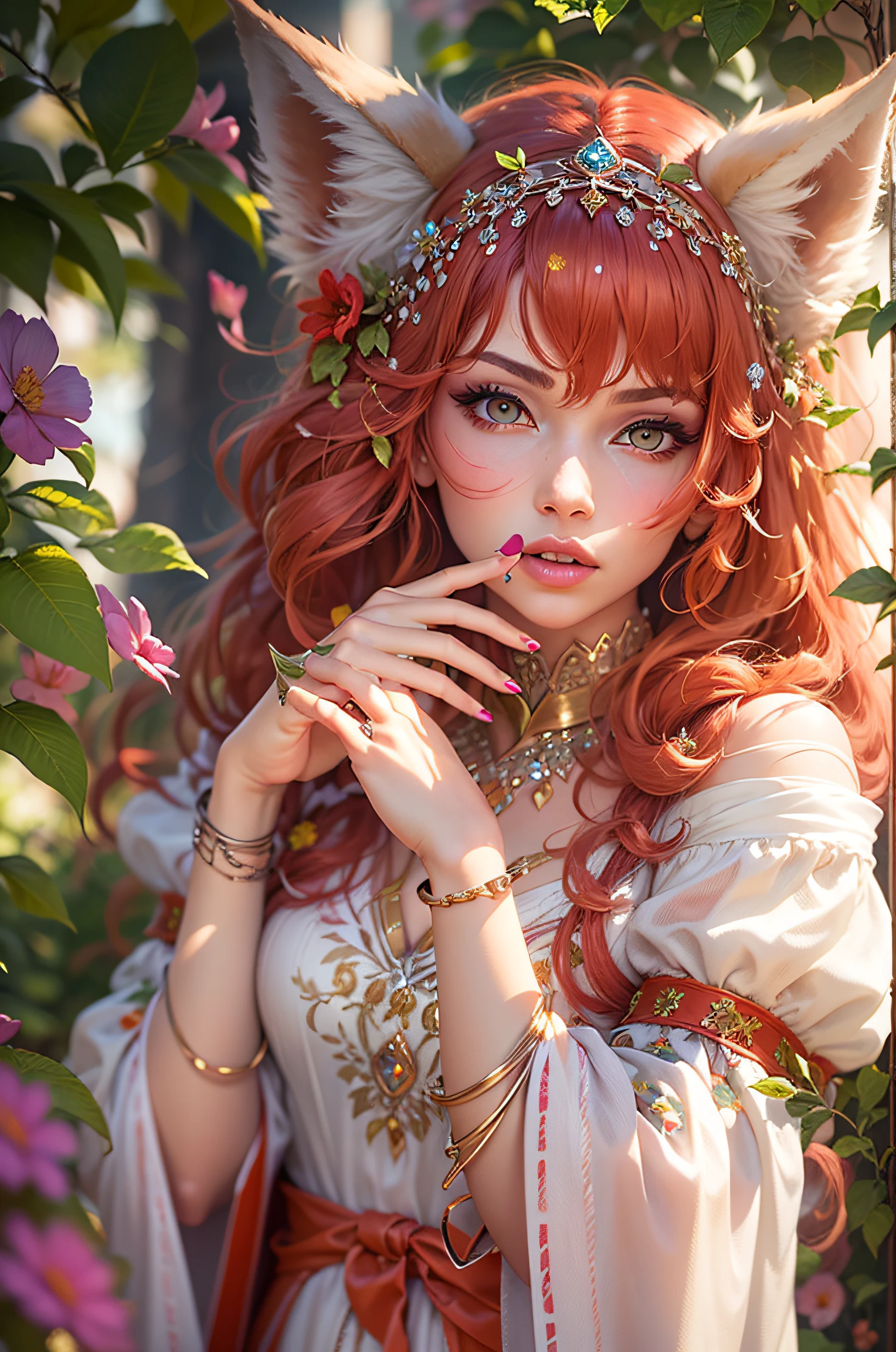 (Best Quality,hight resolution,Ultra-detailed),(Realistic,Photorealistic:1.37),Scarlet Wolf girl ,light skin,pouty lips,long eyelashes, redhead hair, wolf ears,silky transparent clothing,Masterpiece:1.2,in the count&#39;s garden,Jewelry,Floral accessories, hyper realisitc, Brave, ultradetail, Masterpiece, rays and glare of the sun, shimmer, glistering, Glitter"